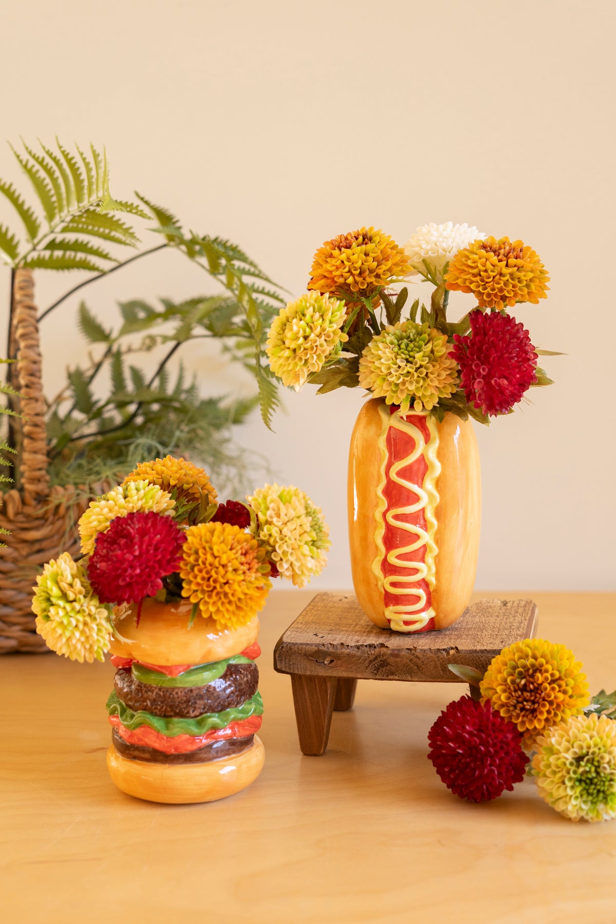 Set of Two Ceramic Hamburger and Hotdog Vases