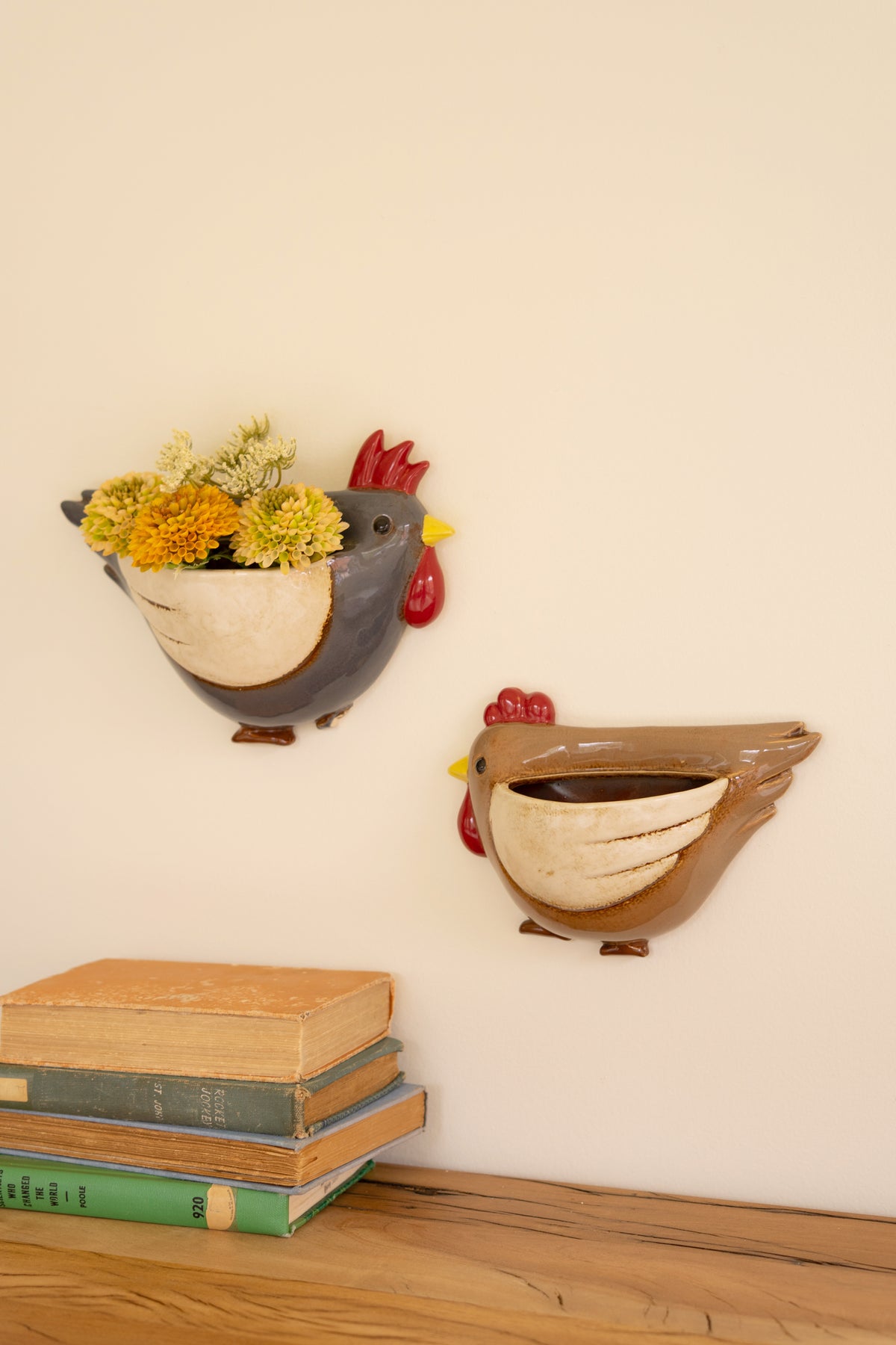 Set of Two Ceramic Chicken Wall Planters