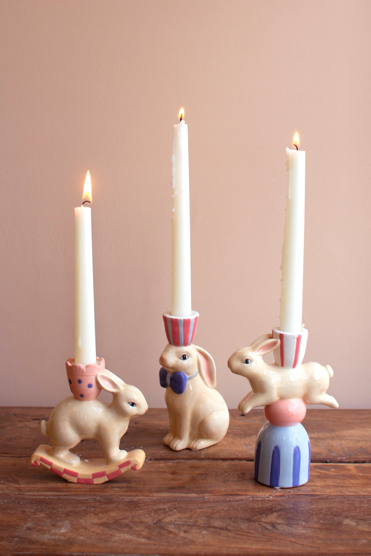 Set of Three Ceramic Easter Bunny Taper Candle Holders