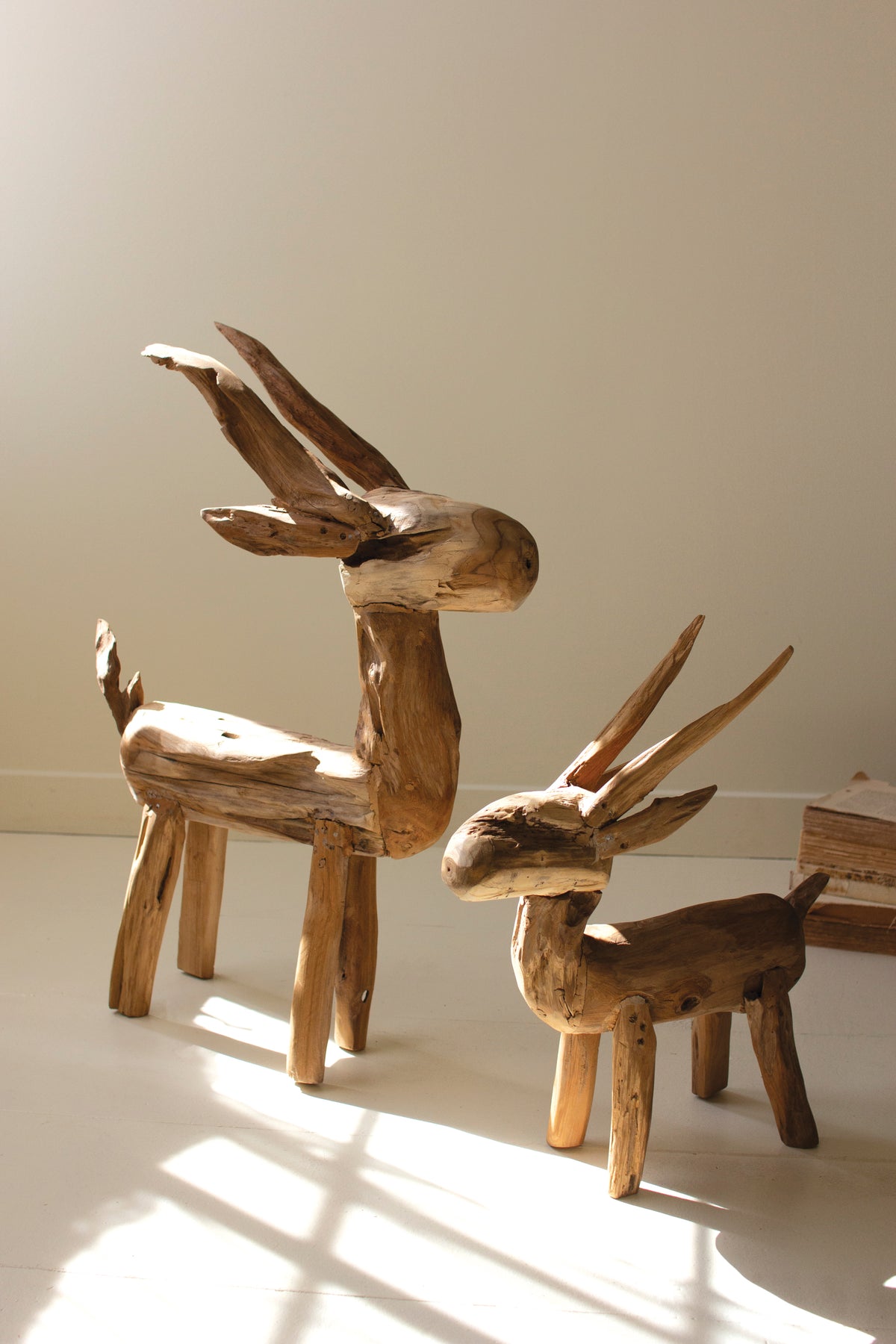 Set of Two Rustic Teak Reindeer
