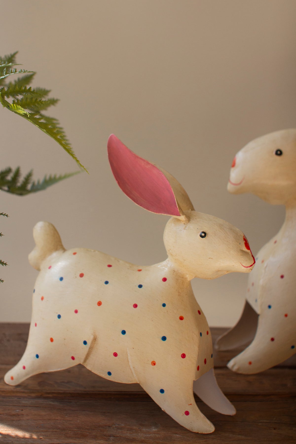 Set of Two Painted Iron Rabbits with Polka Dots