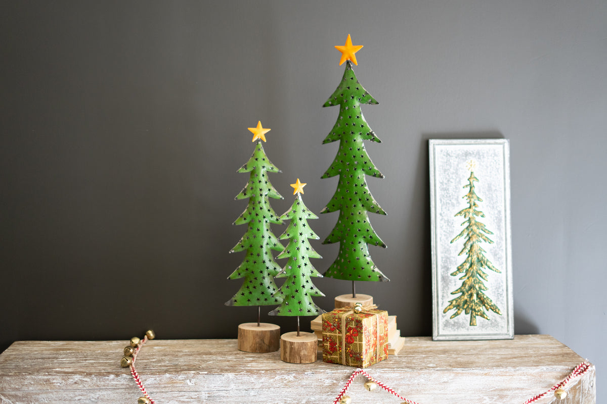 Set of Three Recycled Metal Christmas Trees on Wood Bases
