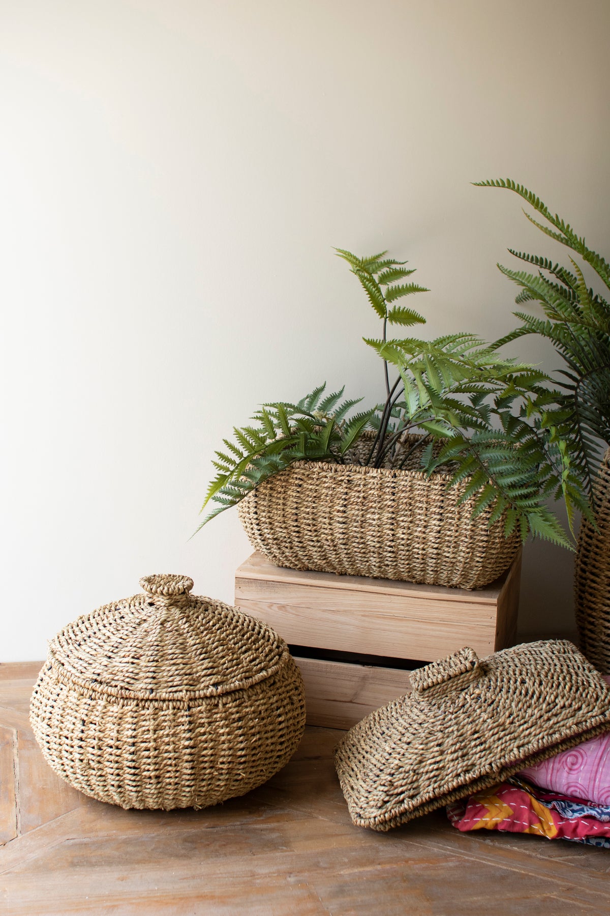 Set of Two Woven Vine Baskets with Lids - One Each Design