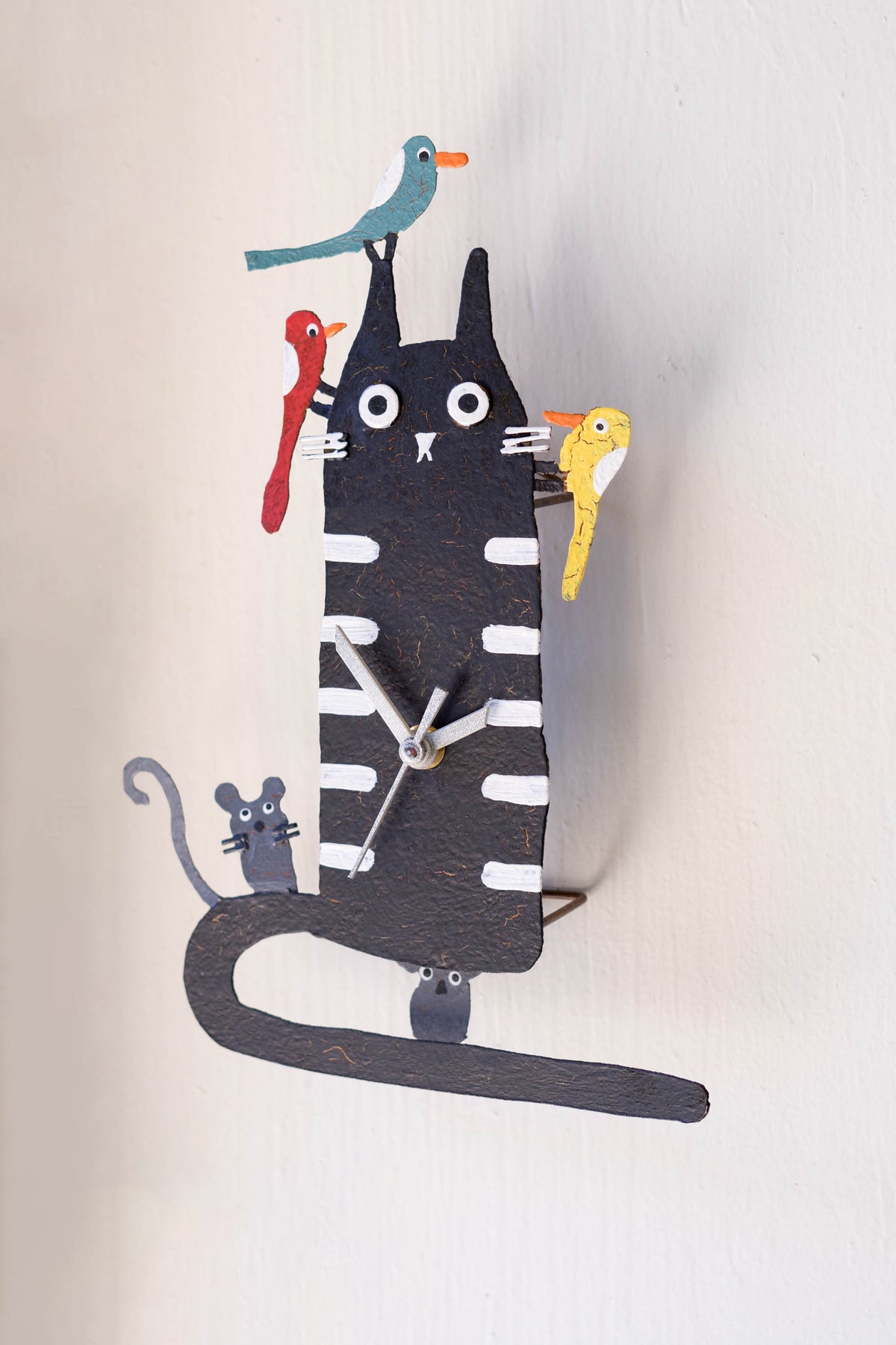 Hand Painted Wall Clock - Black Cat with Birds