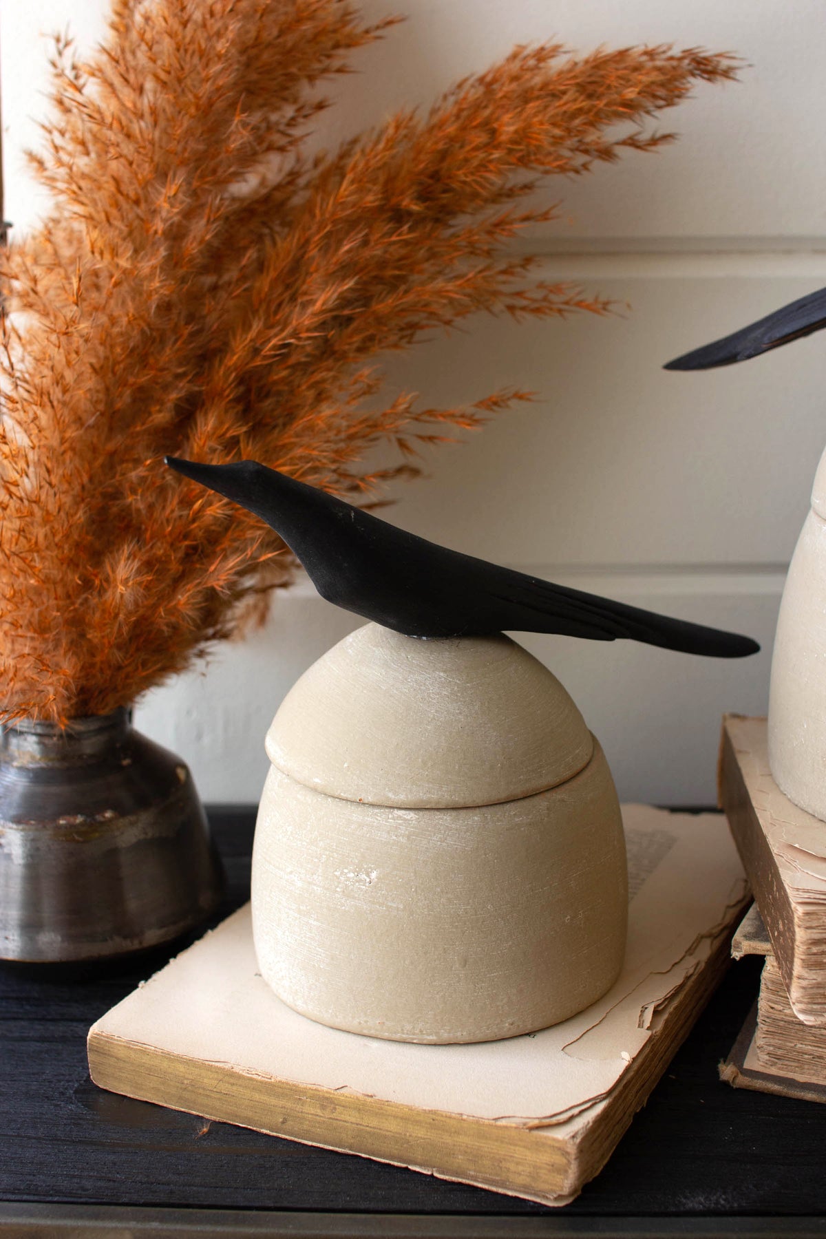 Set of Two Clay Canisters with Wooden Bird Handles