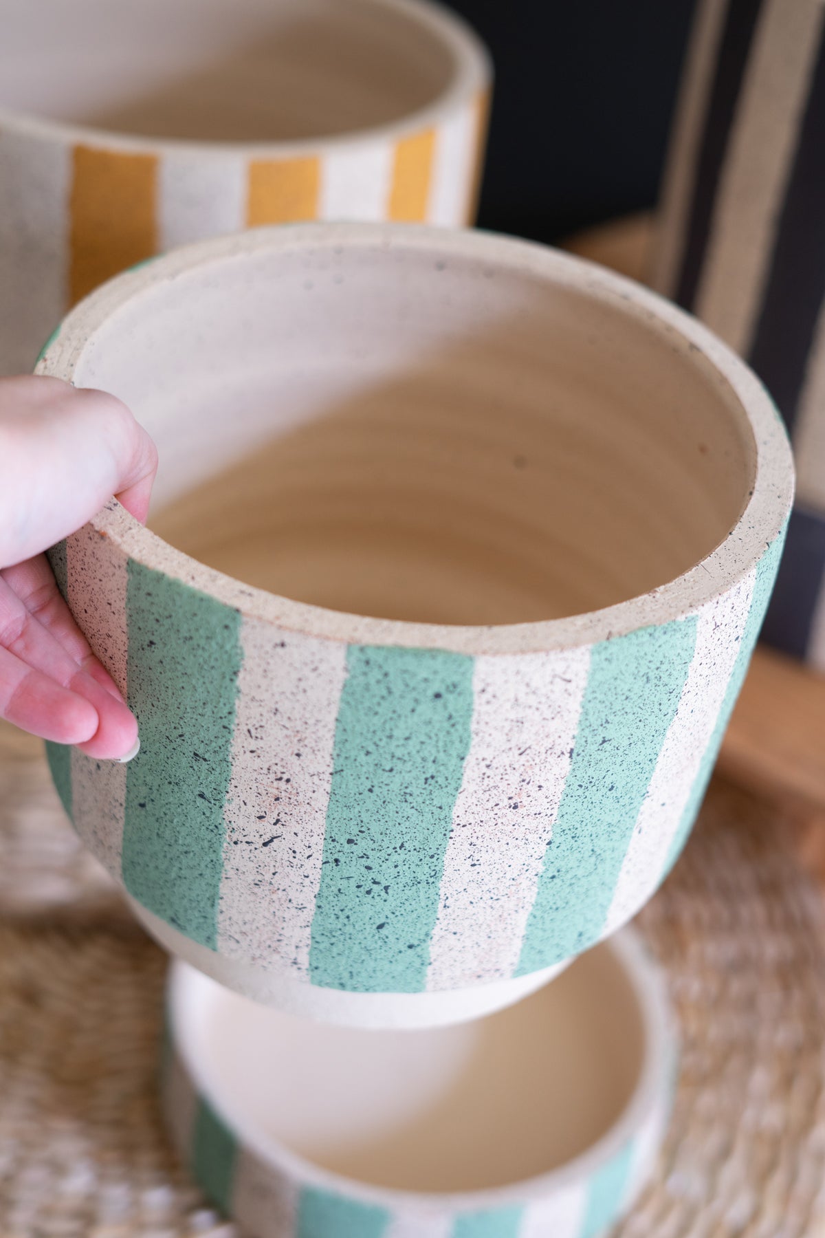 Set of Three Clay Planters with Striped Details + Trays -One Each Size
