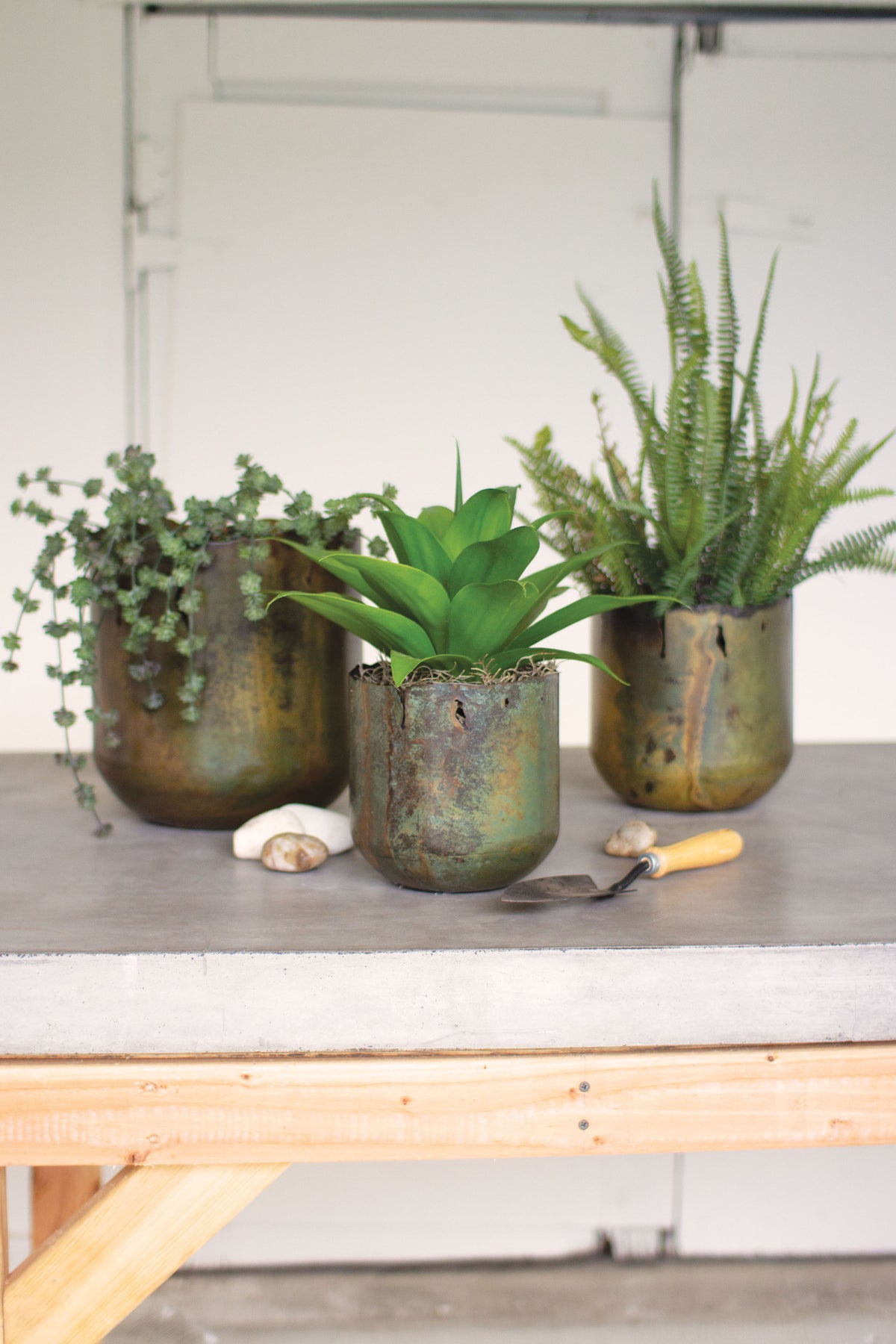 Set of Three Rustic Verdigris Iron Planters