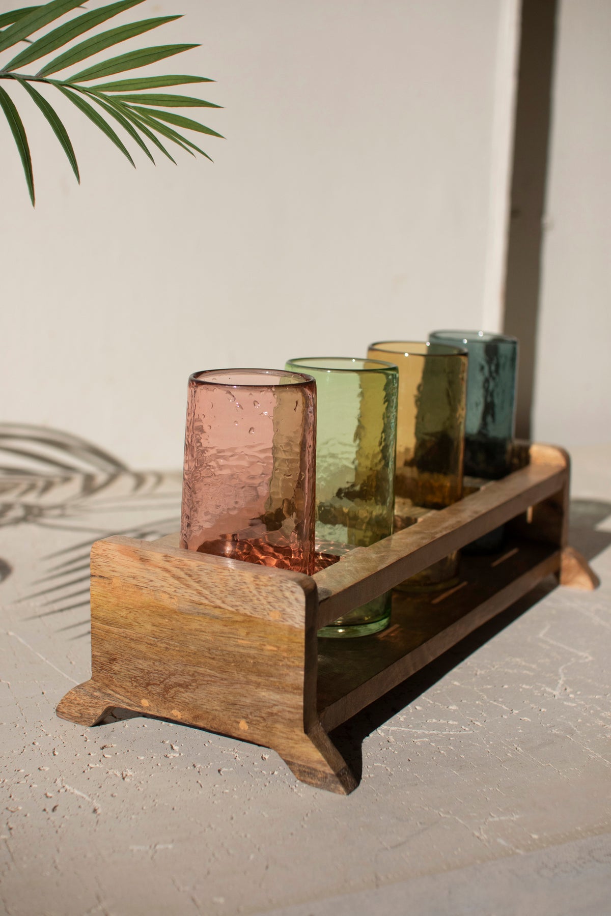 Four Cocktail Glasses with Wooden Tray - One Each Color