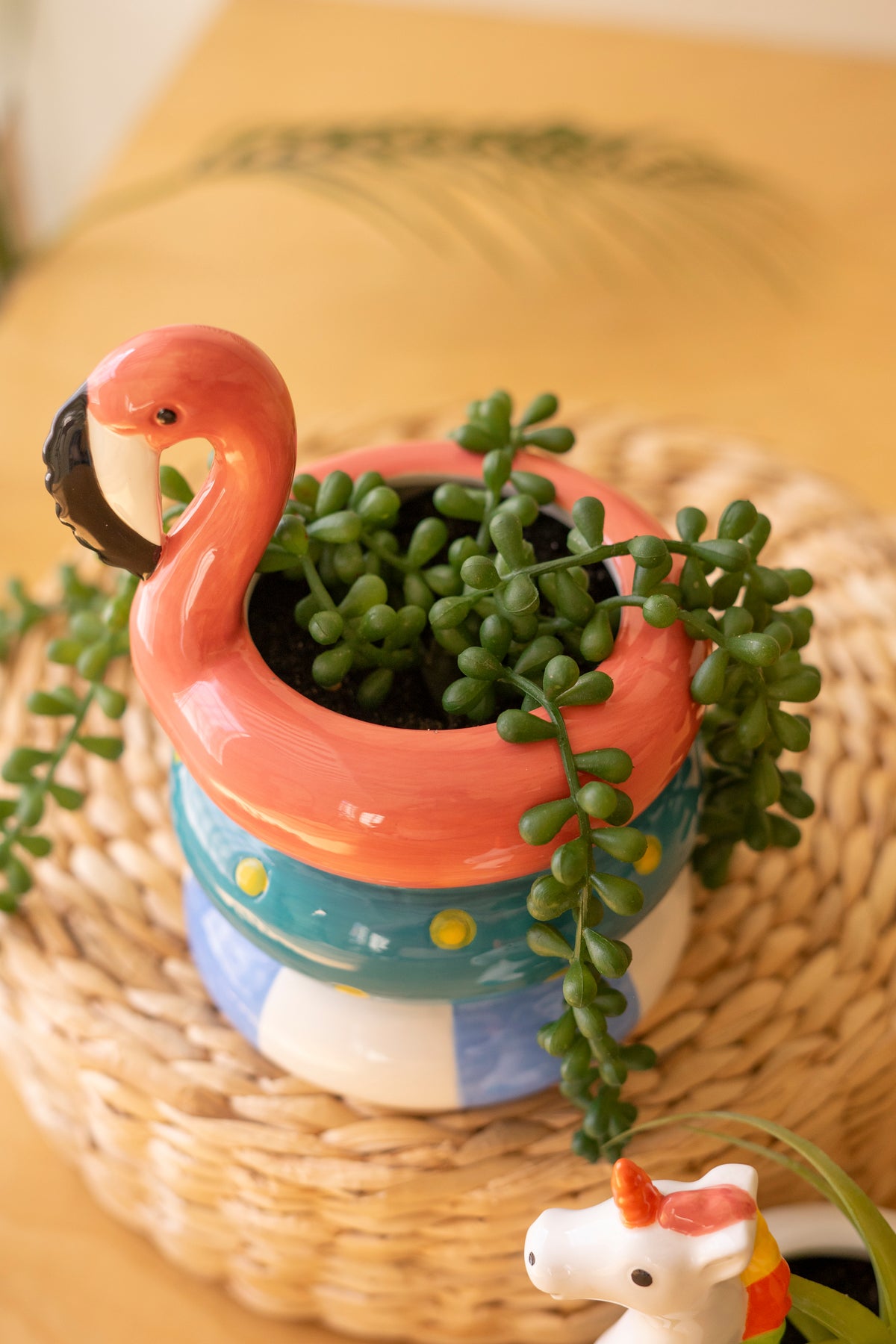 Set of Two Ceramic Flamingo and Unicorn Swimring Vases