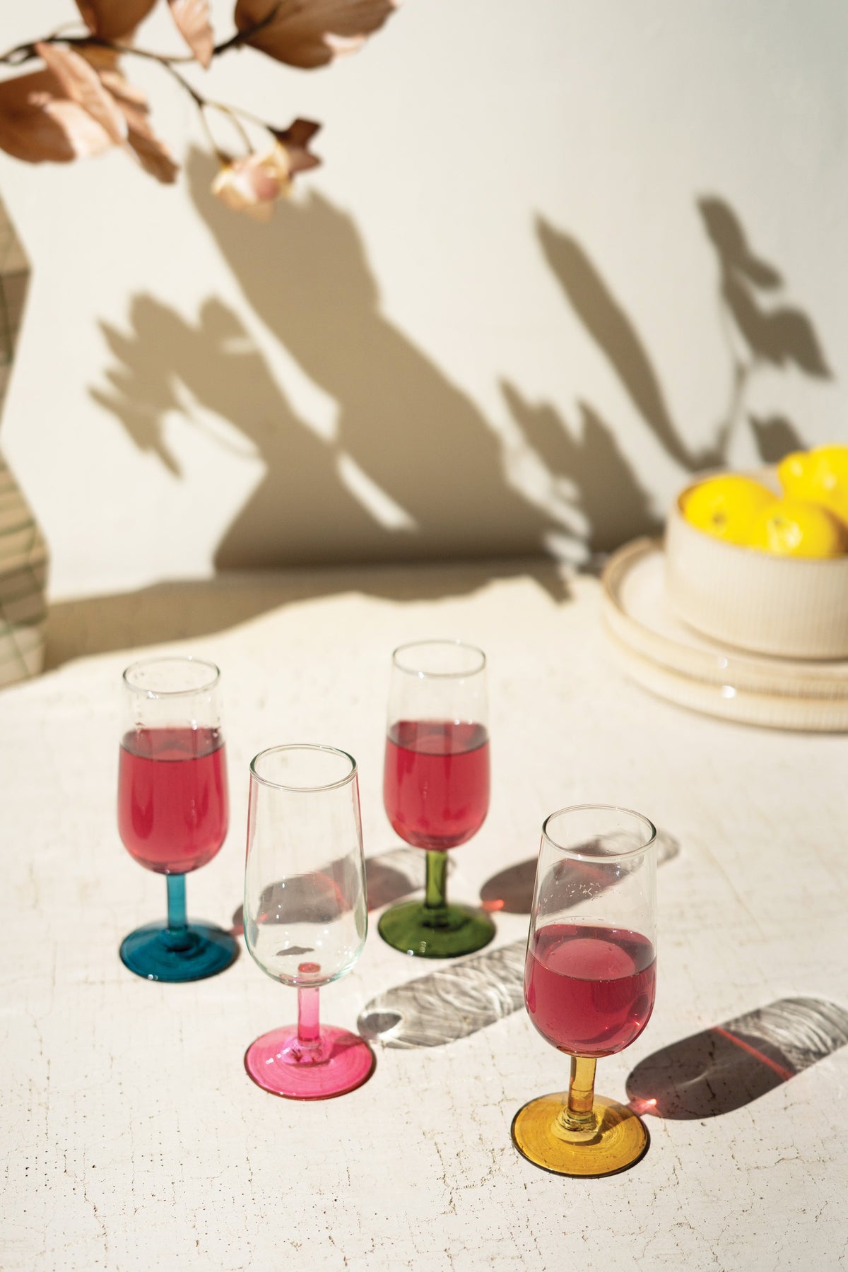 Set of Four Apertif Glasses with Colored Stems - One Each