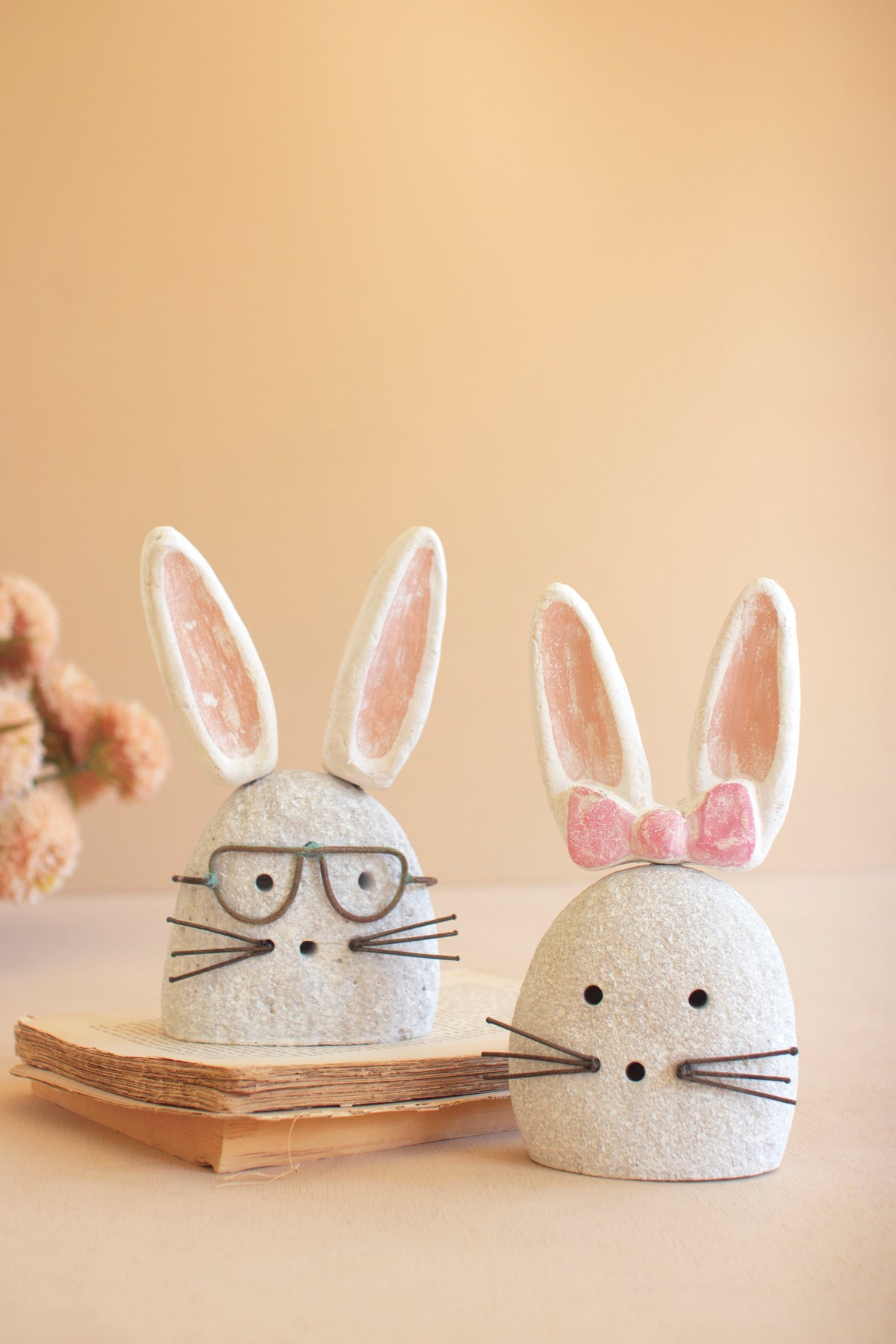 Set of Two White-Wash Clay and River Rock Bunnies