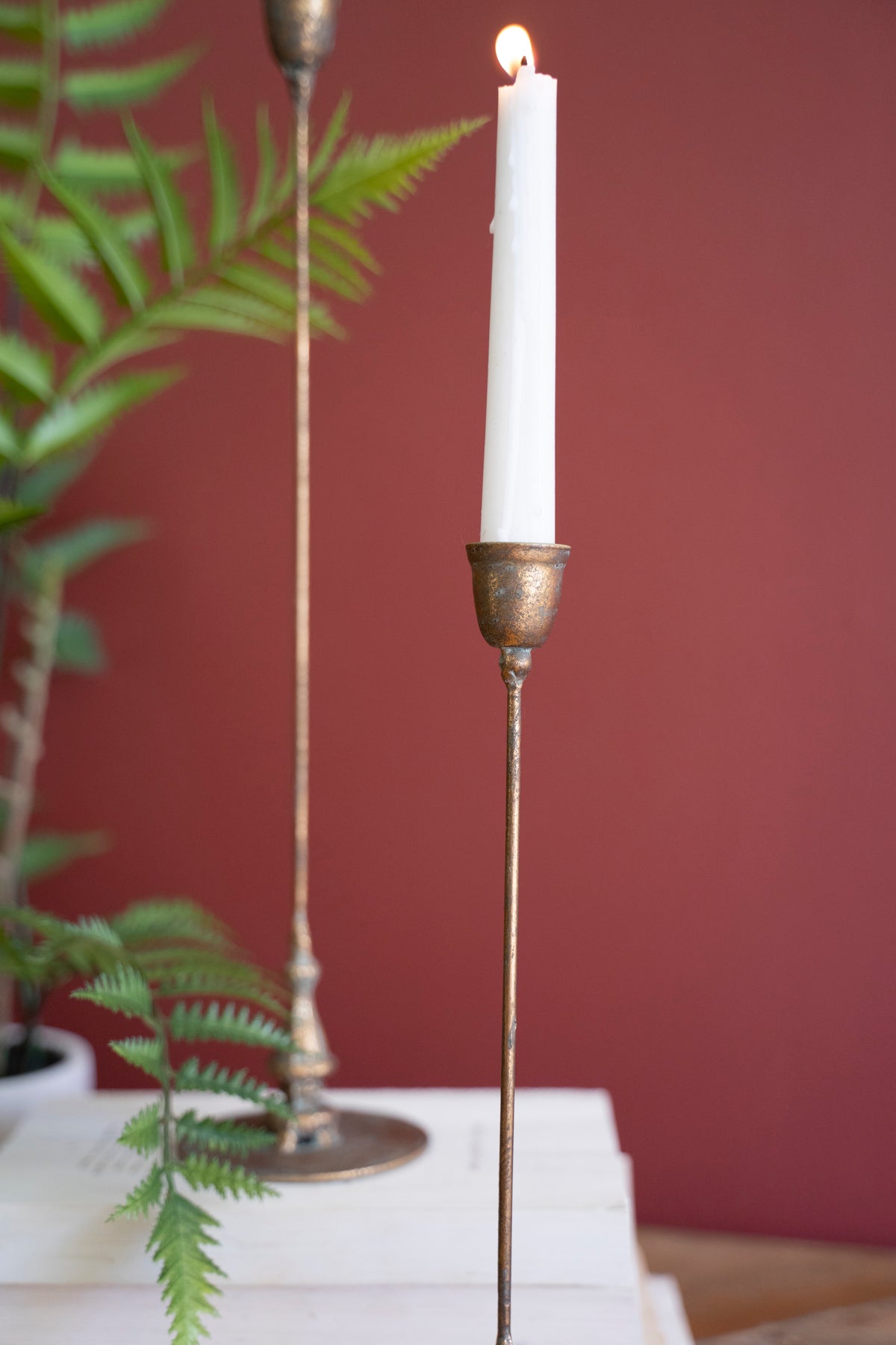 Set of Two Tall Antique Brass Taper Candle Holders