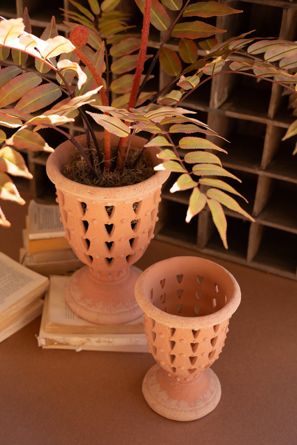 Set of Two Concrete Perforrated Urns - Terracotta