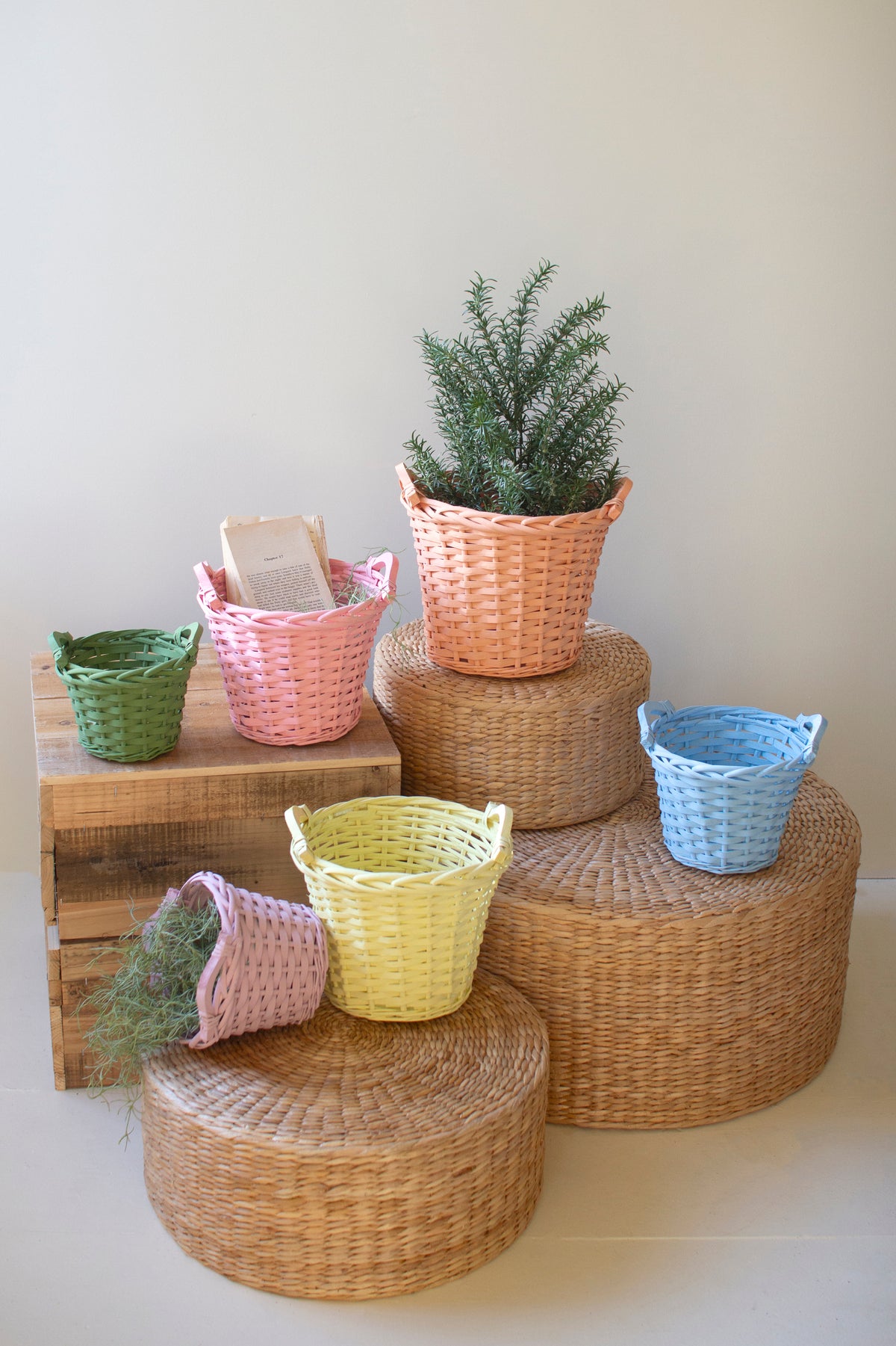 Set of 6 Multi-Color Willow Easter Baskets with Handles
