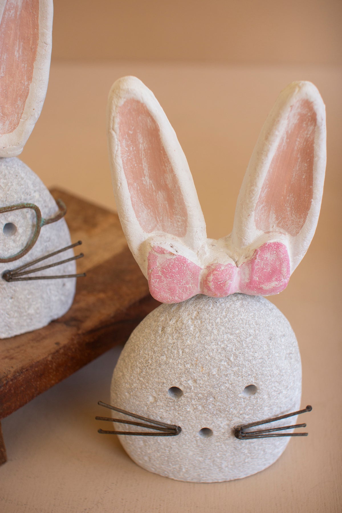Set of Two White-Wash Clay and River Rock Bunnies