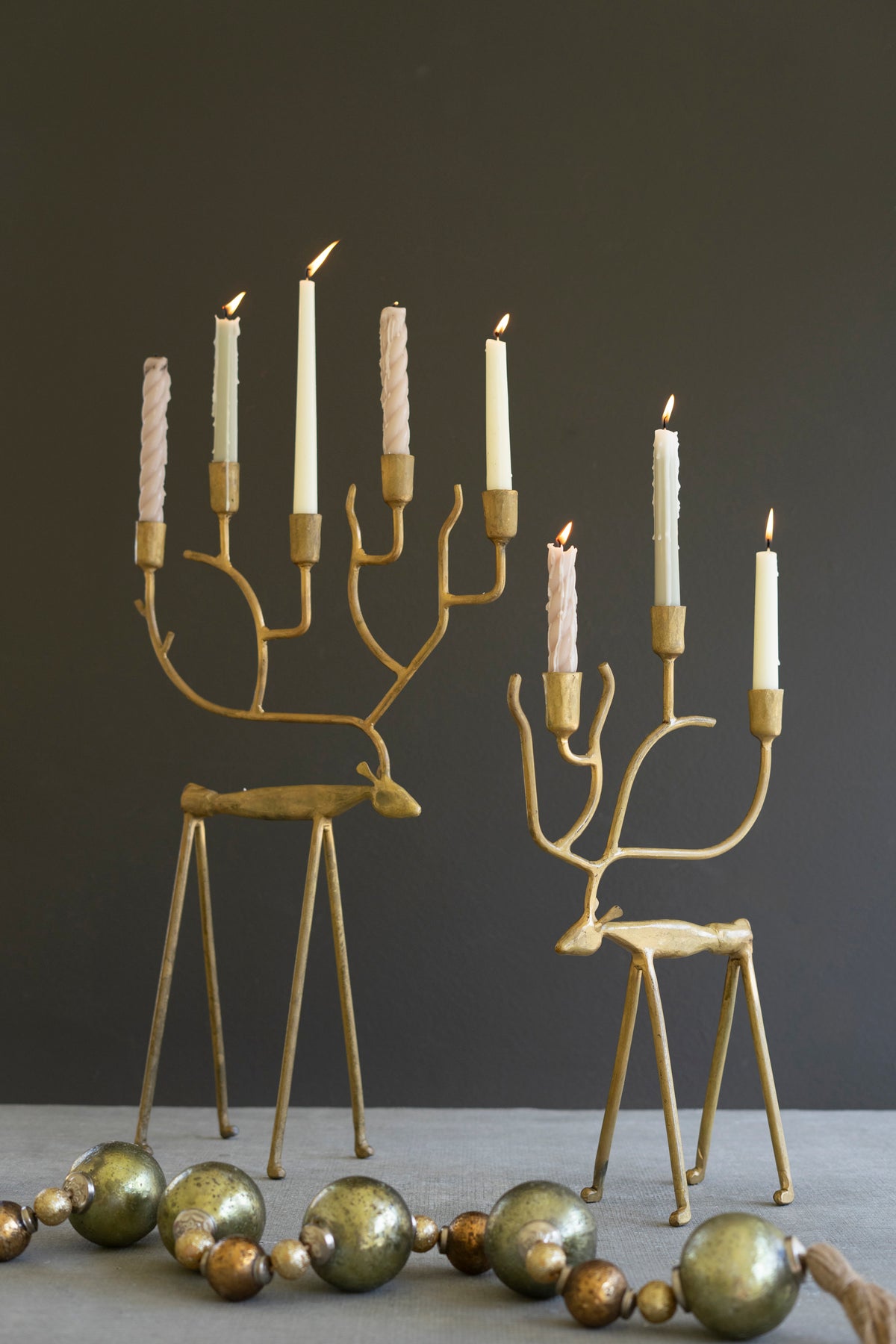 Set of Two Antique Gold Forged Christmas Deer Candelabras