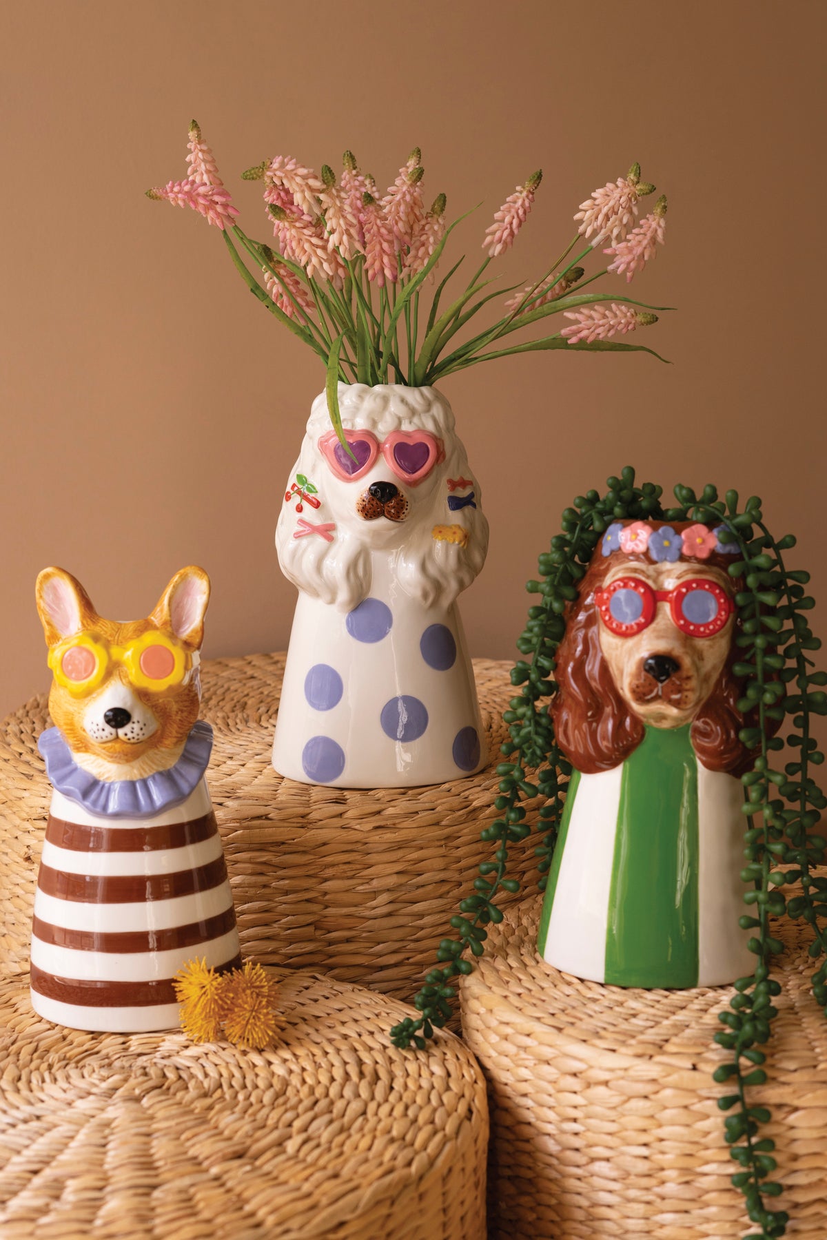 Set of Three Ceramic Dogs with Sun Shades Vases