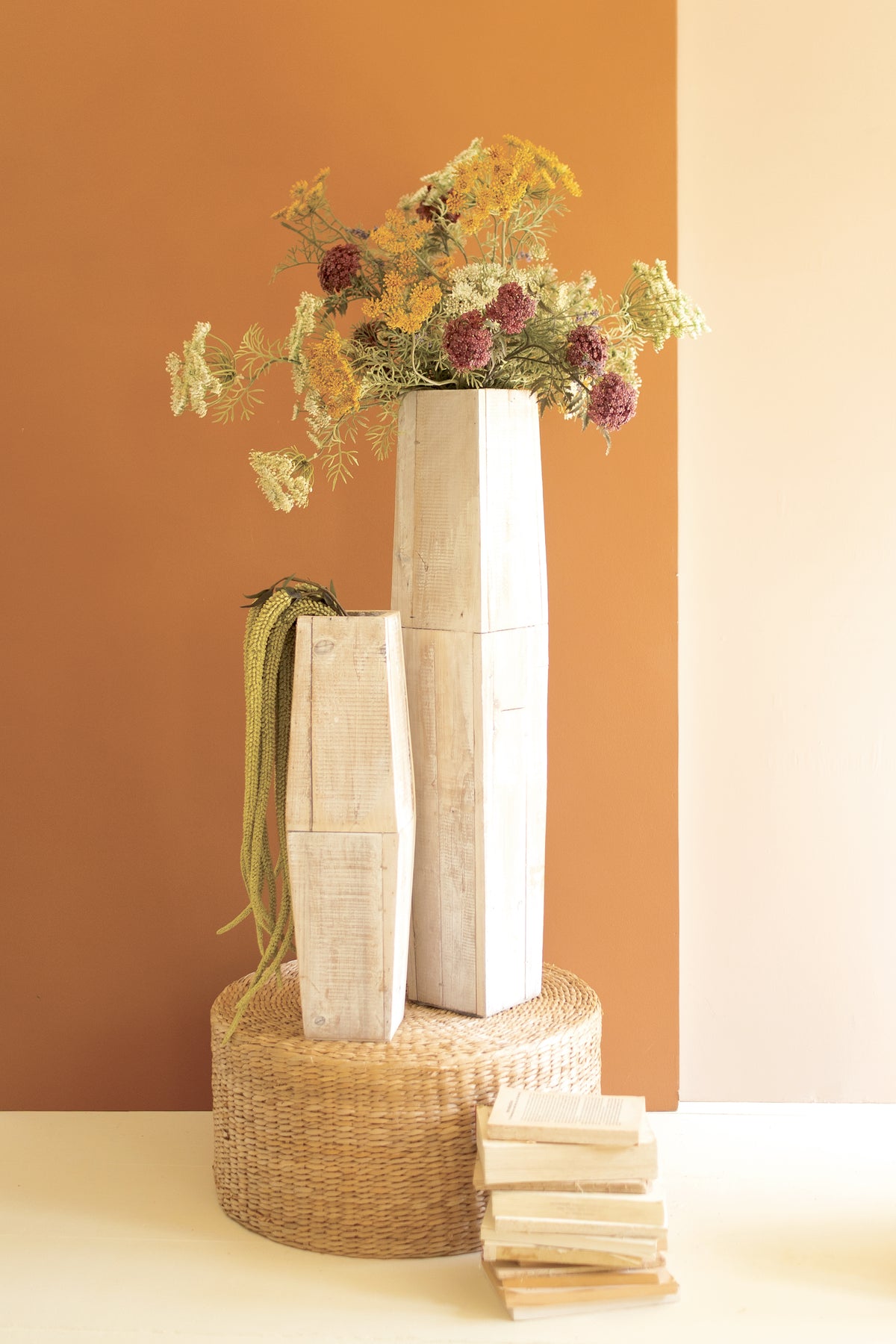 Set of Two White-Washed Tall Oblong Wooden Vases