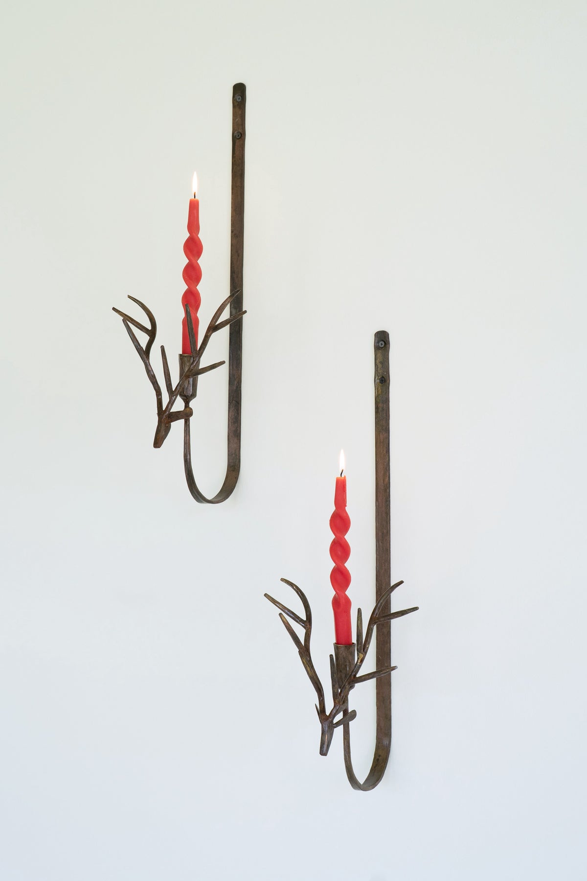 Set of Two Forged Rustic Brass Deer Taper Wall Sconces