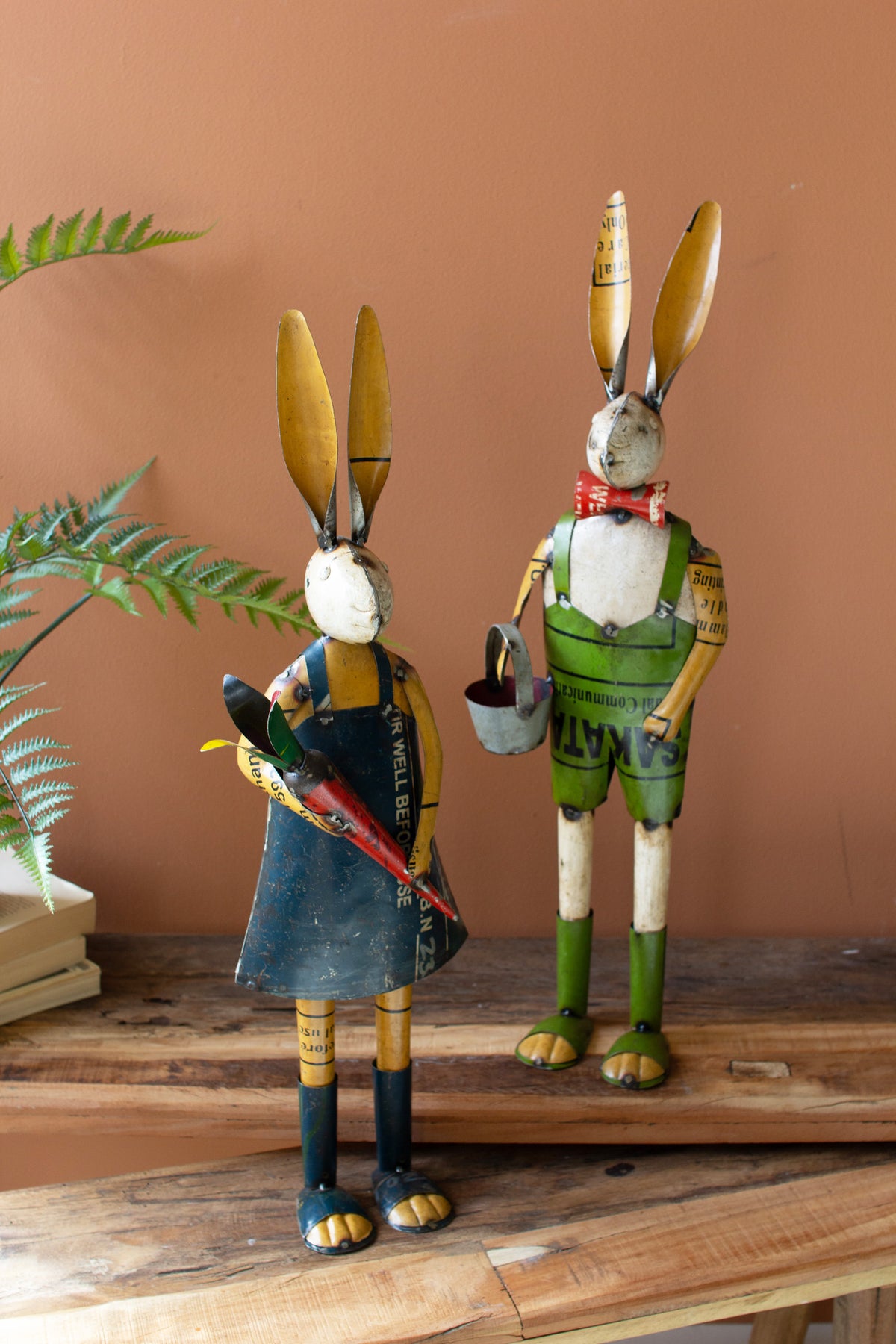 Set of Two Recycled Metal Rabbits with Bucket and Carrot