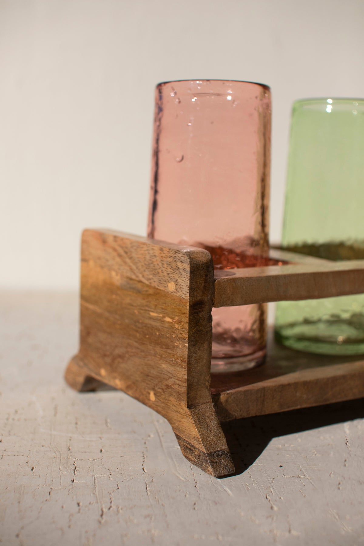 Four Cocktail Glasses with Wooden Tray - One Each Color