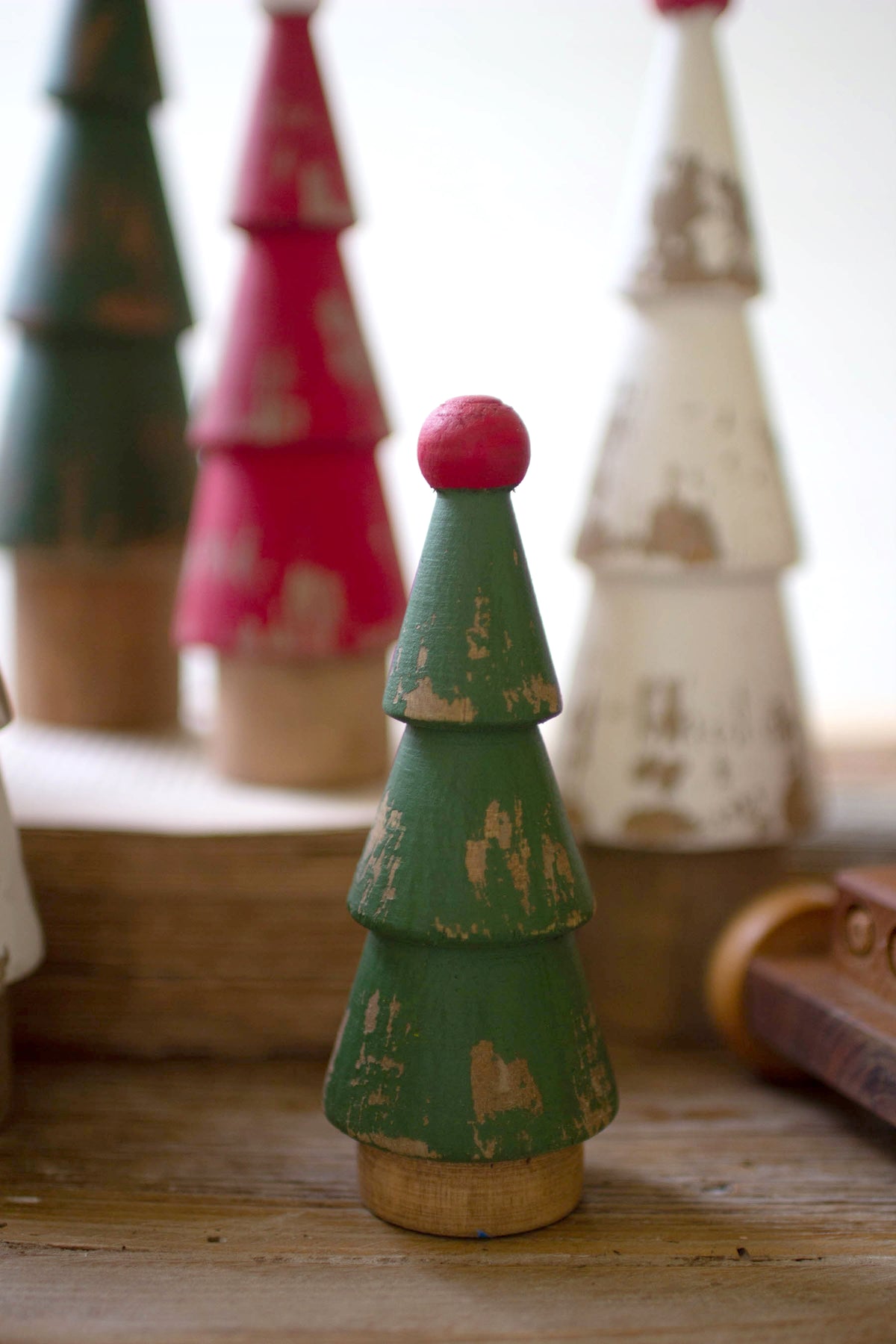 Set of Nine Turned Wood Painted Christmas Trees