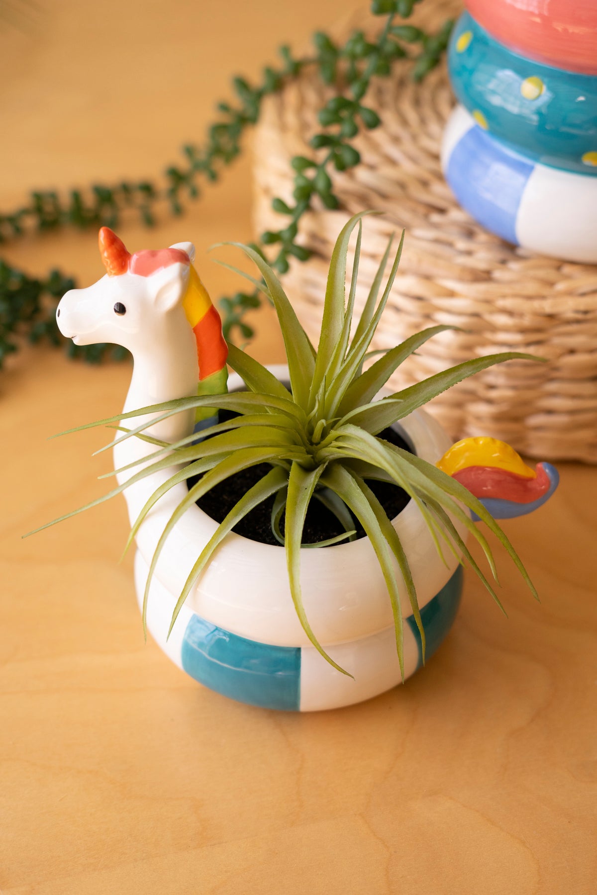 Set of Two Ceramic Flamingo and Unicorn Swimring Vases