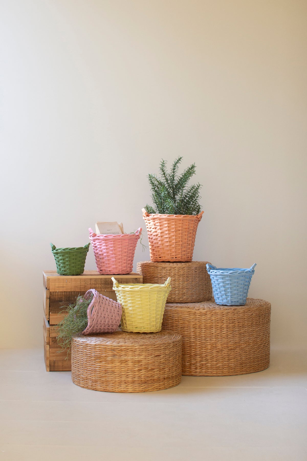Set of 6 Multi-Color Willow Easter Baskets with Handles