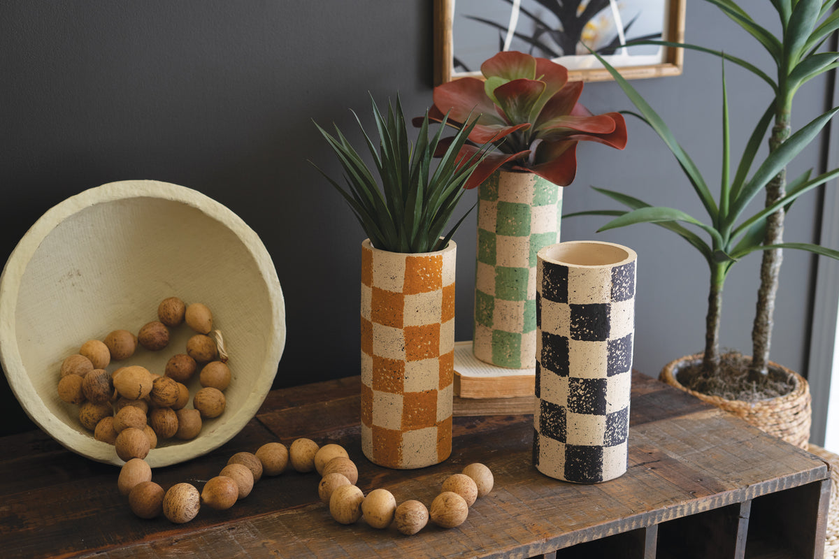 Set of Three Checkered Clay Cylinder Vases