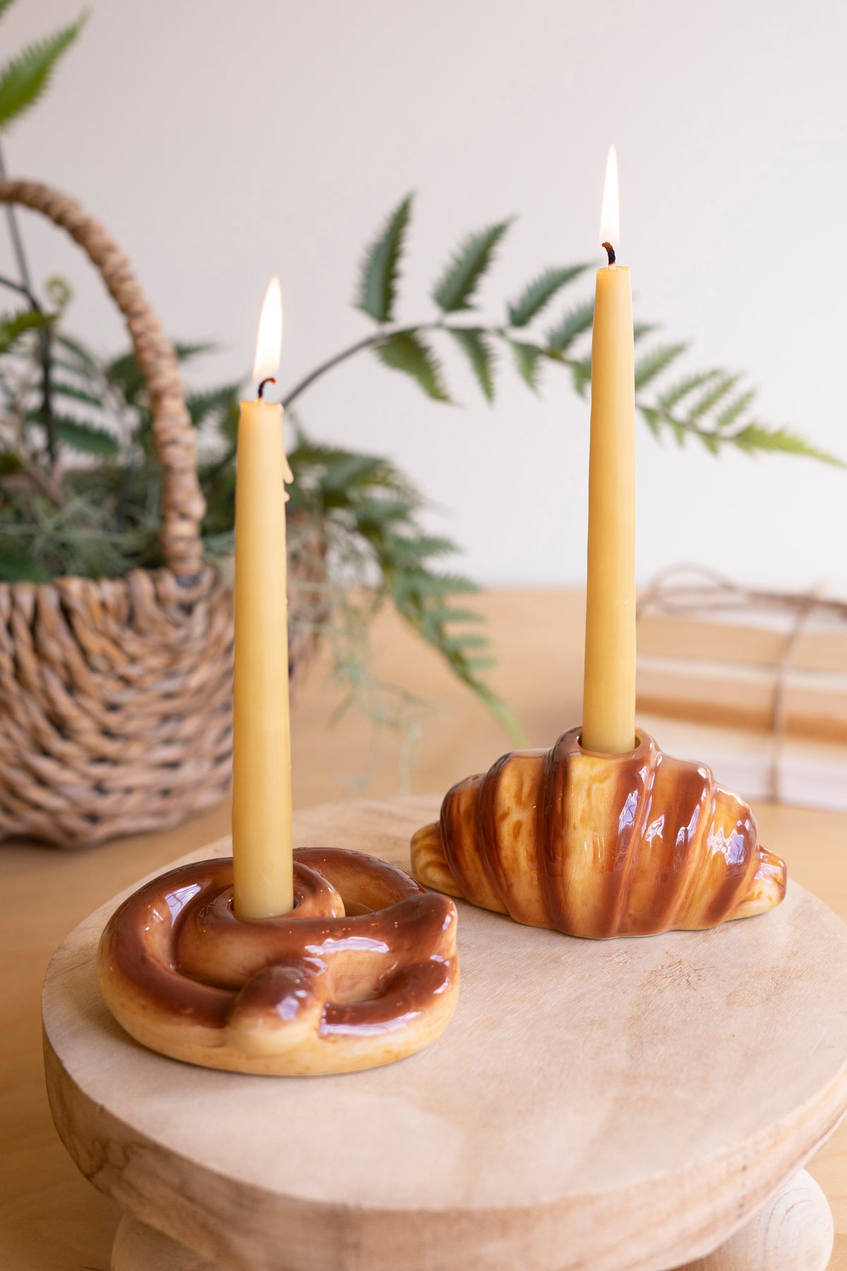 Set of Two Ceramic Croissant and Pretzel Candle Holders