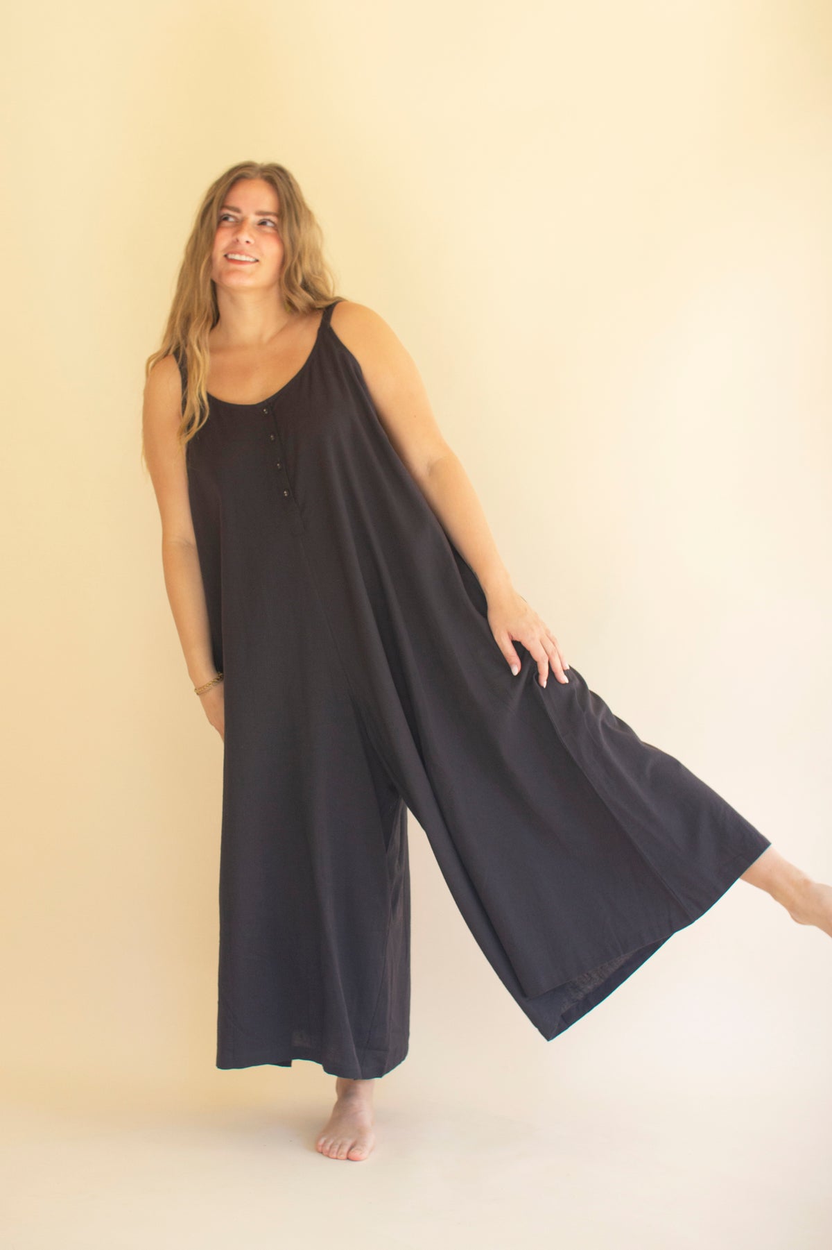 Adjustable Strap Flowy Jumper with Button Detail - Midnight