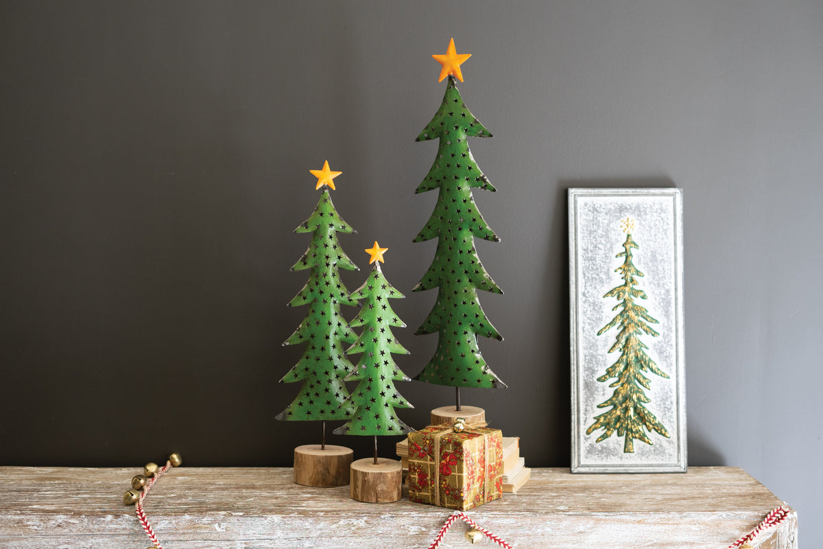 Set of Three Recycled Metal Christmas Trees on Wood Bases