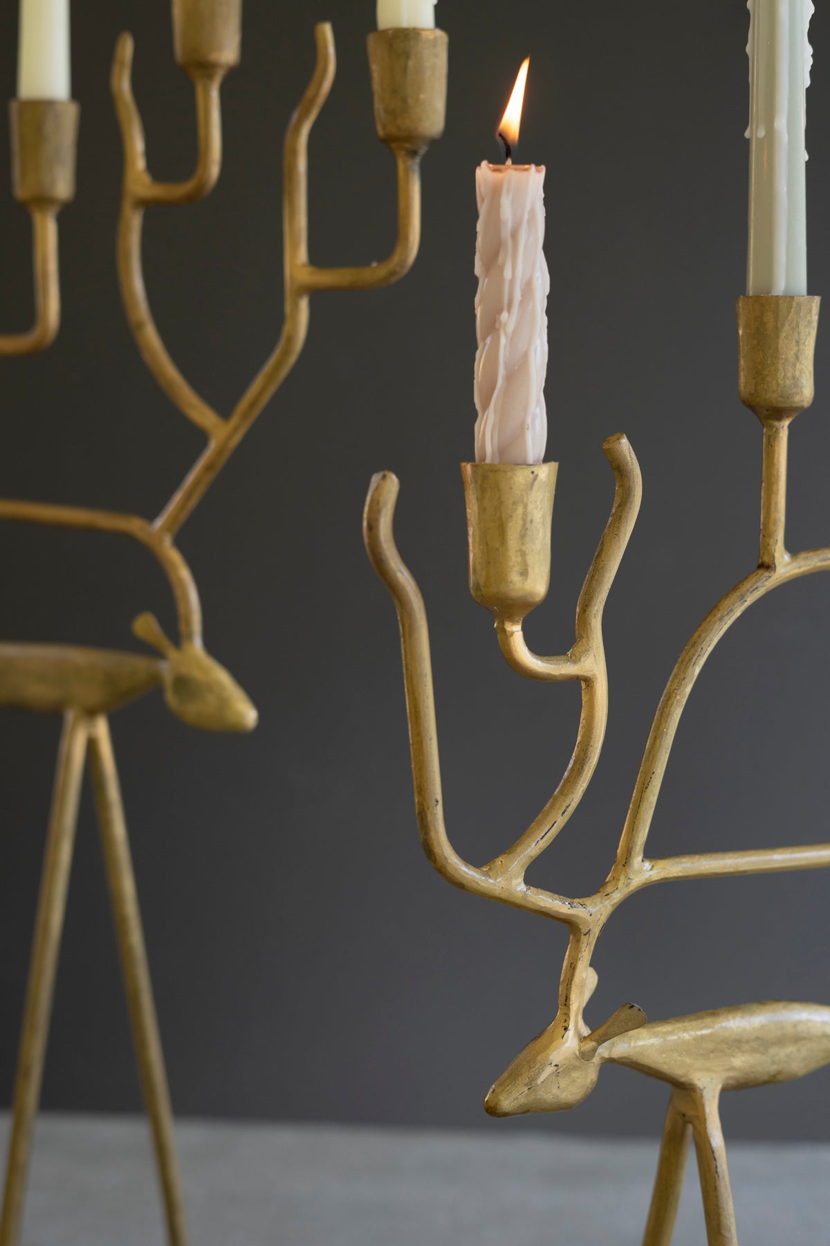 Set of Two Antique Gold Forged Christmas Deer Candelabras
