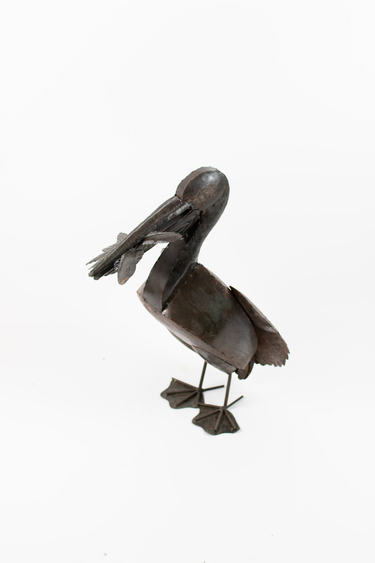 Rustic Recycled Metal Pelican with Fish