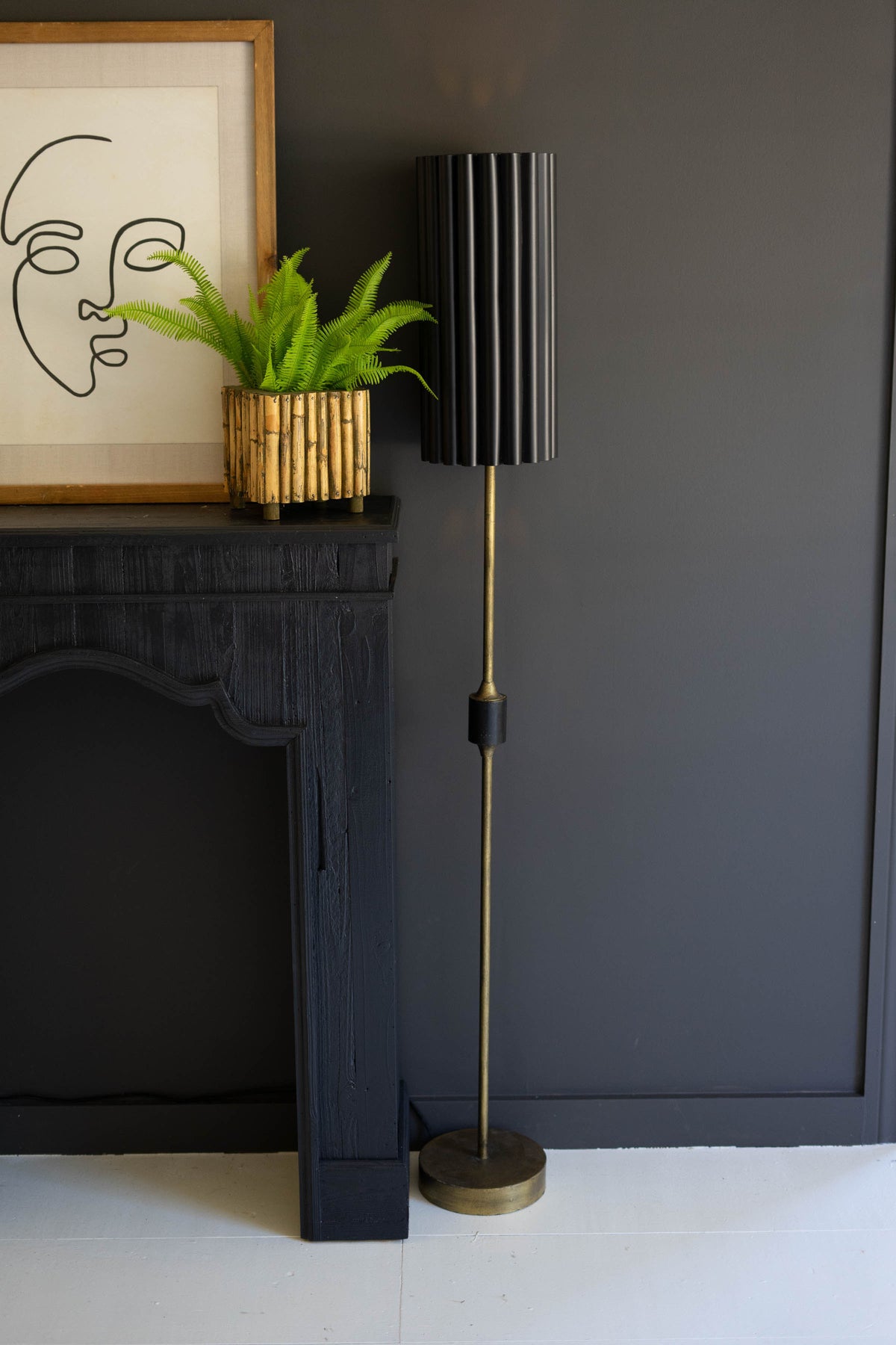 Antique Gold Floor Lamp with Fluted Black Metal Shade
