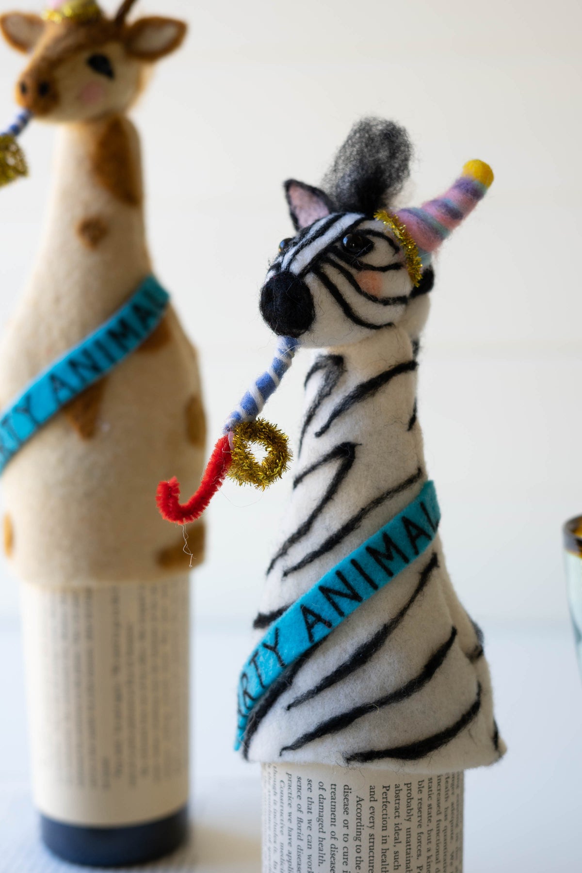 Set of Three Felt Party Animal Bottle Toppers - One Each Design
