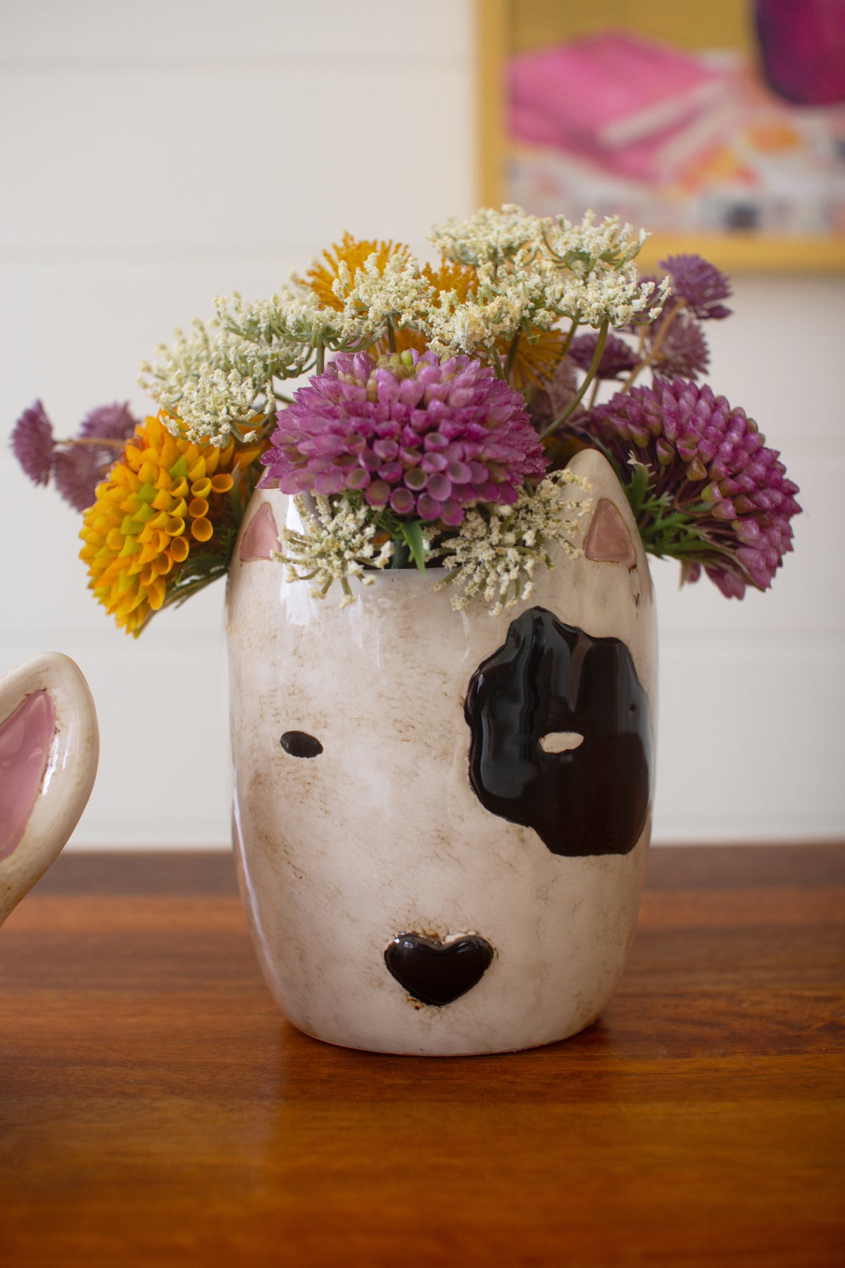 Set of Two Ceramic Black and White Dog Head Planters