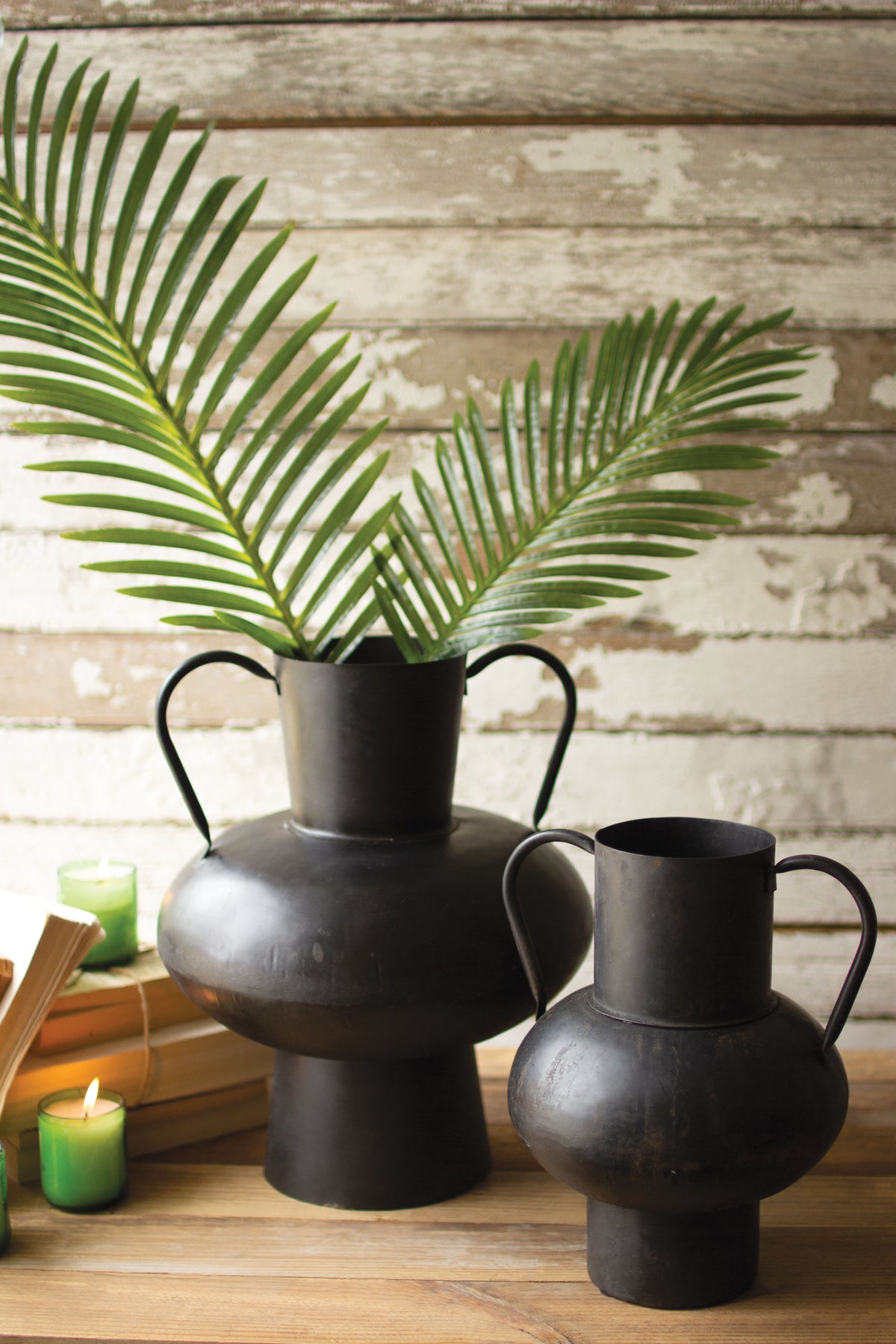 Set of Two Waxed Black Metal Urns with Handles
