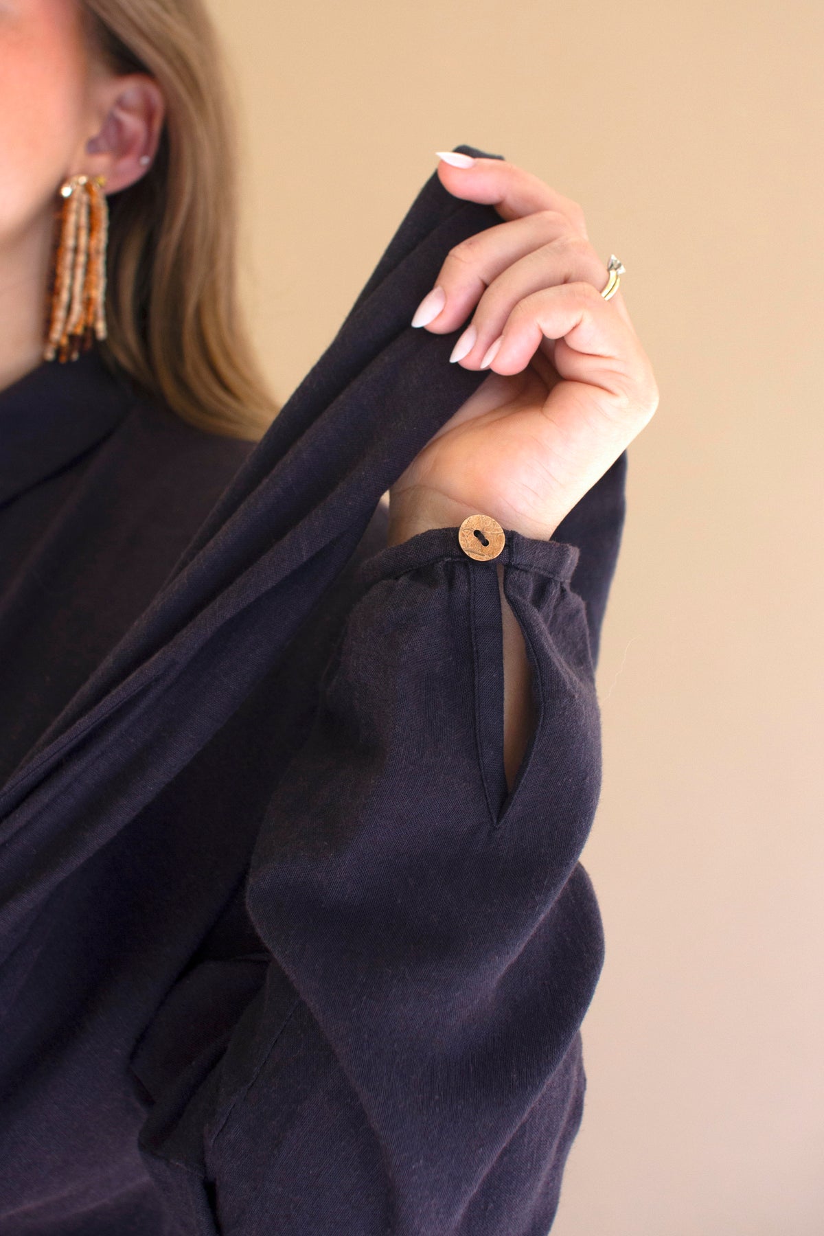 Long-Sleeve Buttondown Dress with Front-Tie - Midnight
