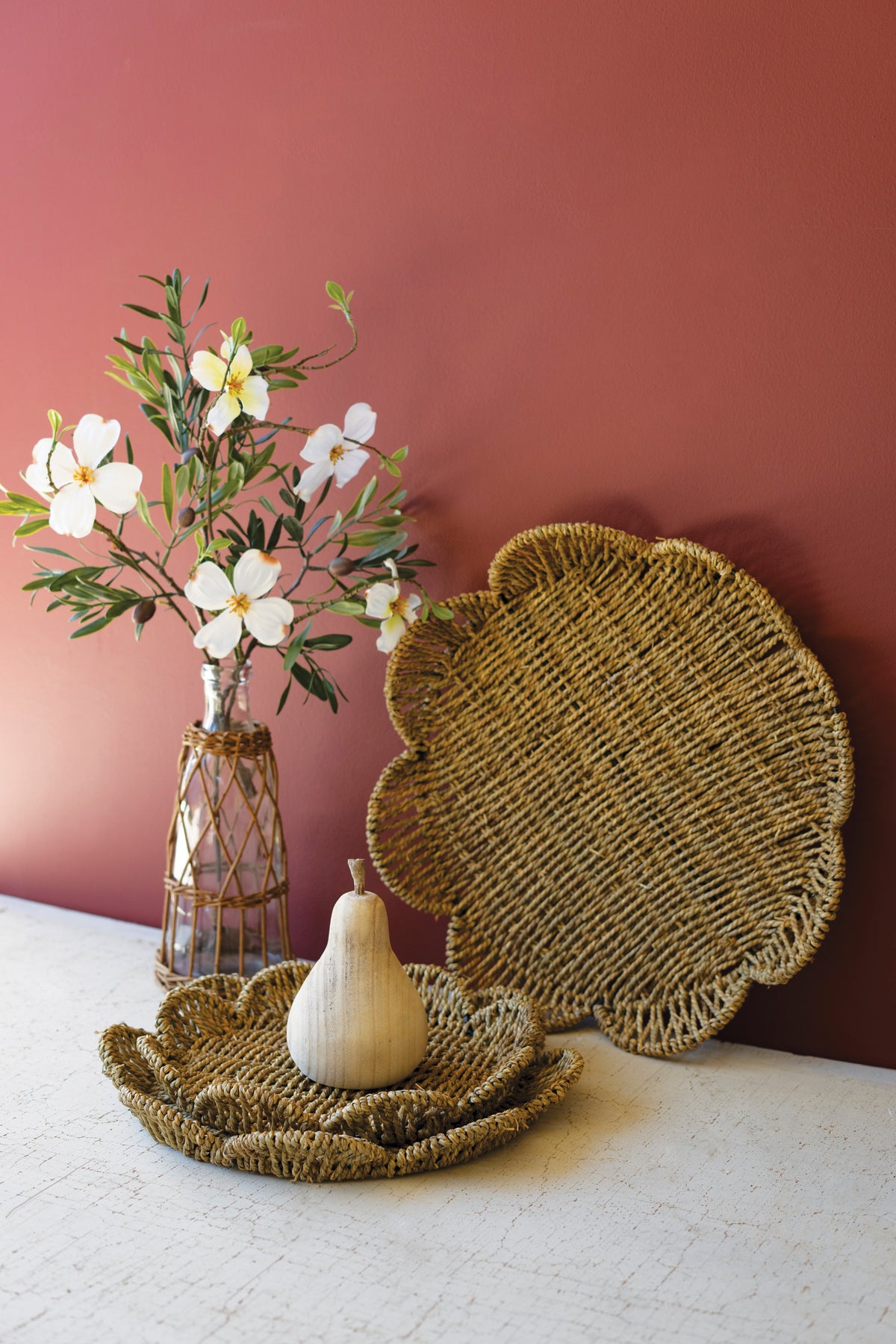 Set of Three Flower Shaped Woven Seagrass Trays