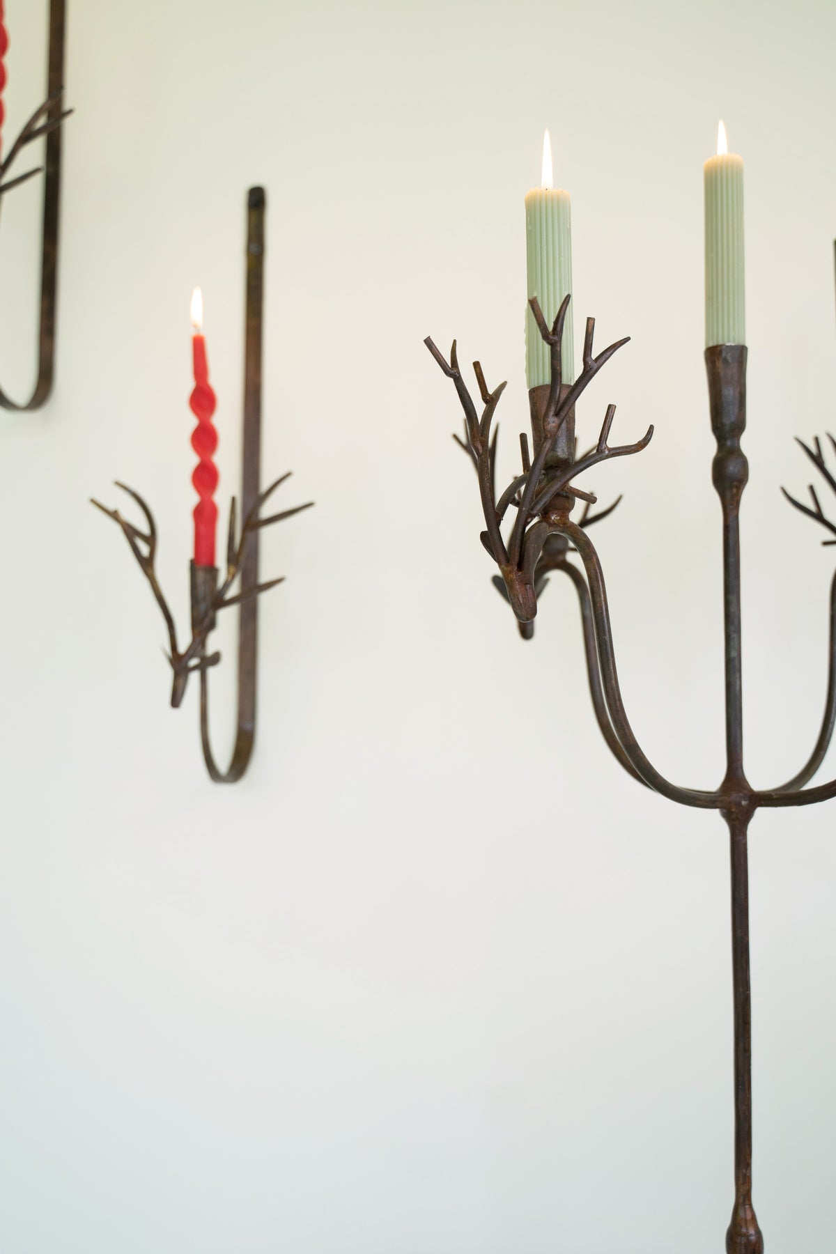 Set of Two Forged Rustic Brass Deer Taper Wall Sconces