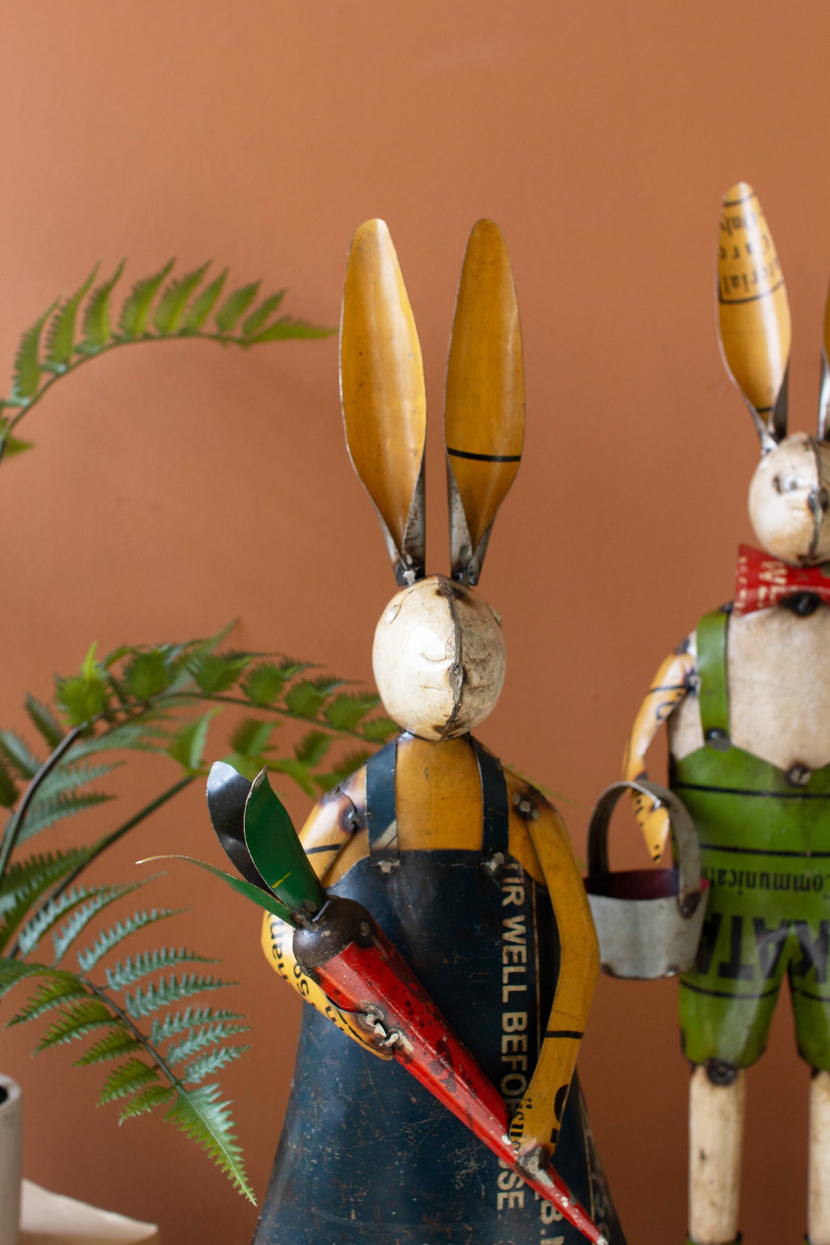 Set of Two Recycled Metal Rabbits with Bucket and Carrot