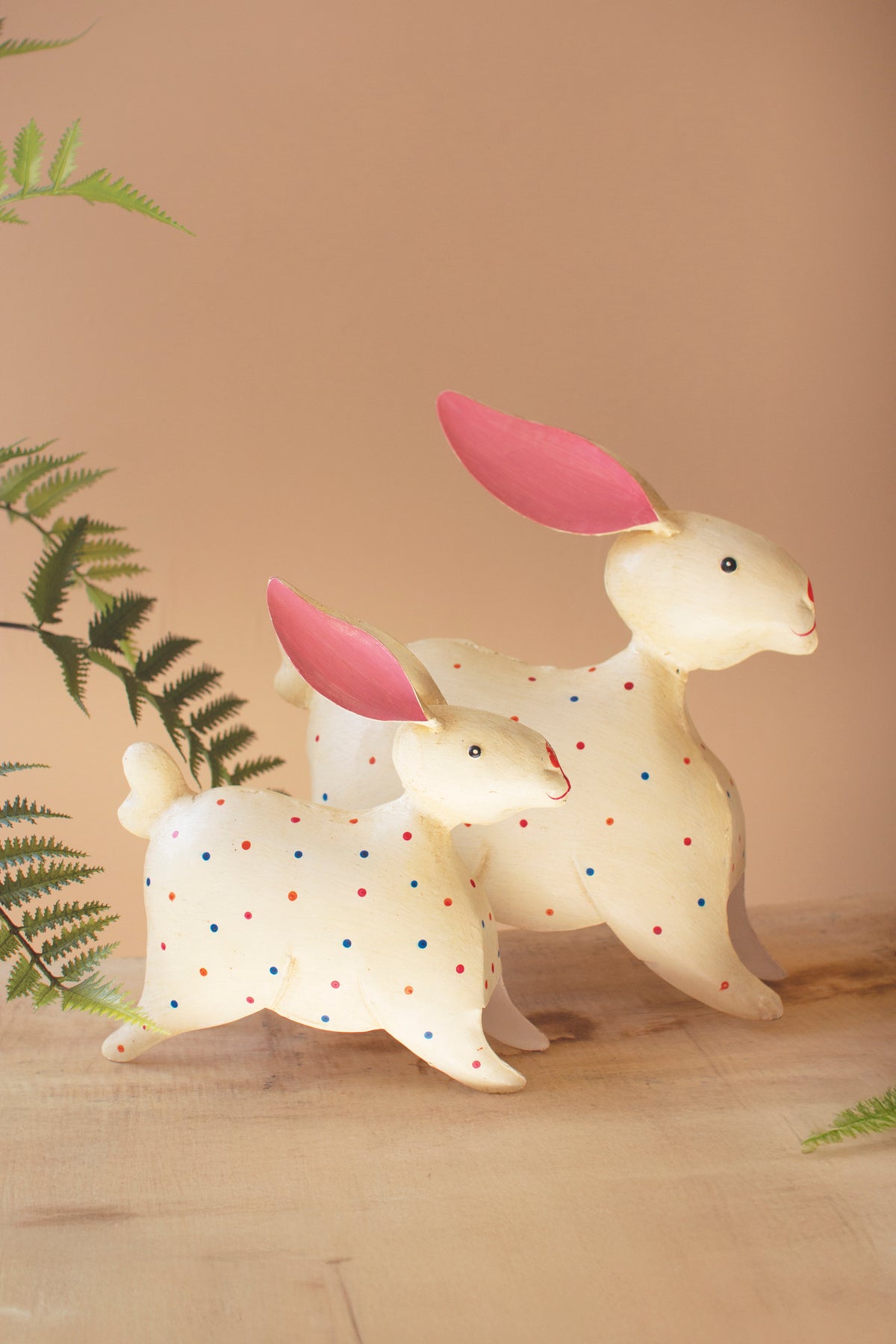 Set of Two Painted Iron Rabbits with Polka Dots