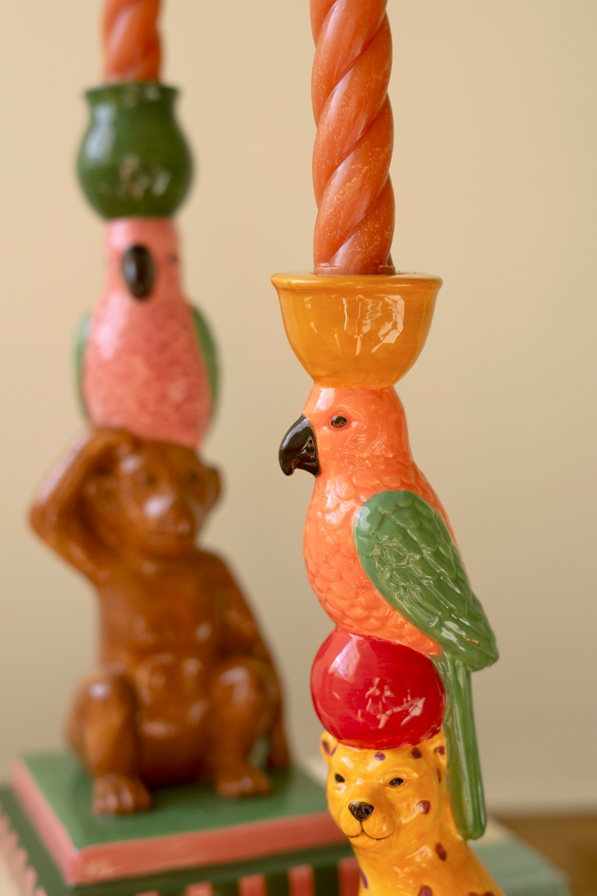 Set of Two Ceramic Cheetah and Monkey Taper Candle Holders