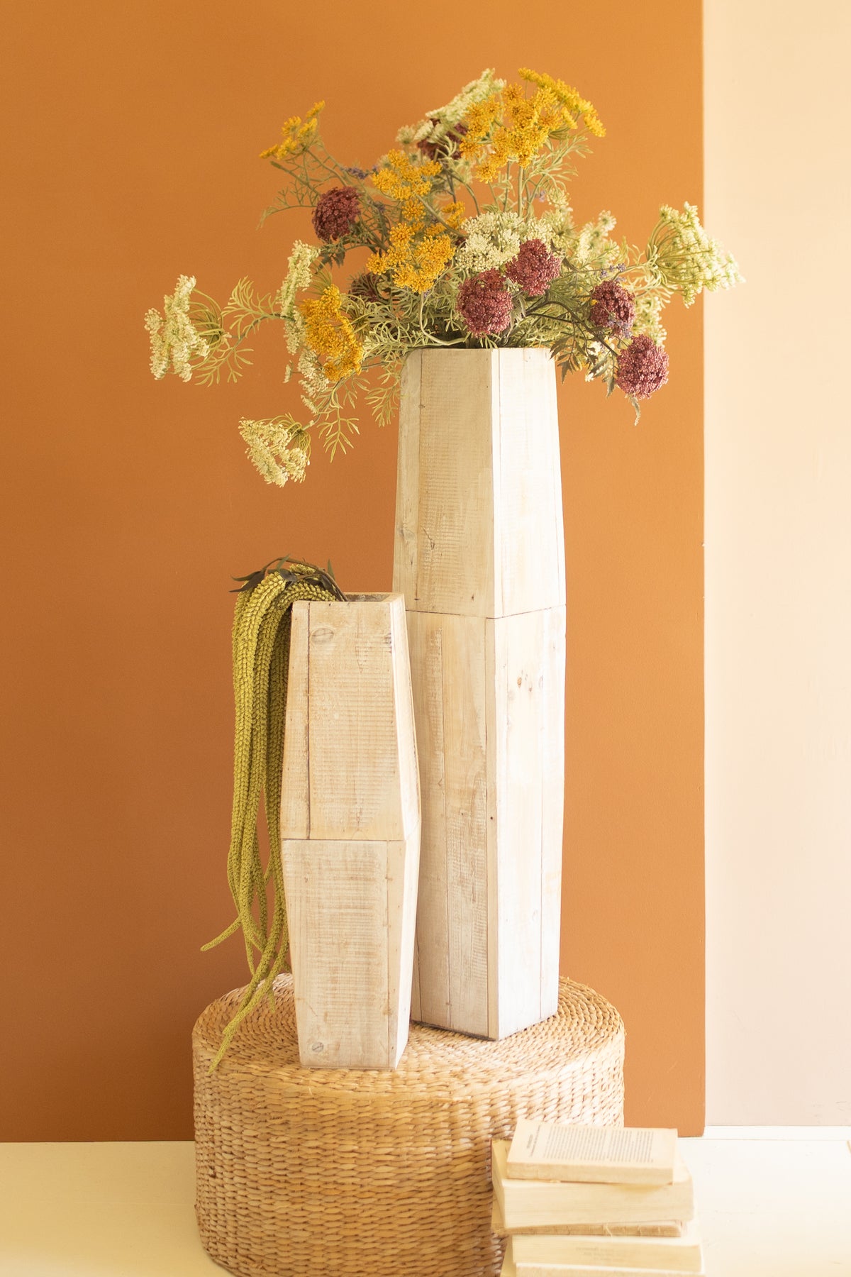 Set of Two White-Washed Tall Oblong Wooden Vases