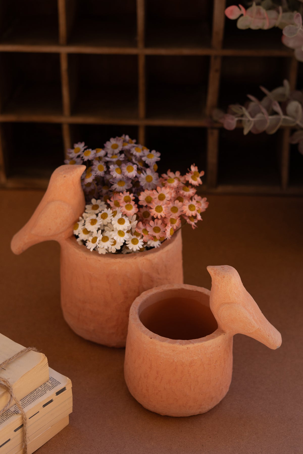 Set of Two Concrete Planters with Birds - Terracotta