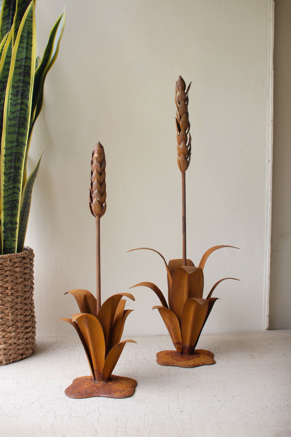 Set of Two Rustic Metal Aloe Plants with Flowers