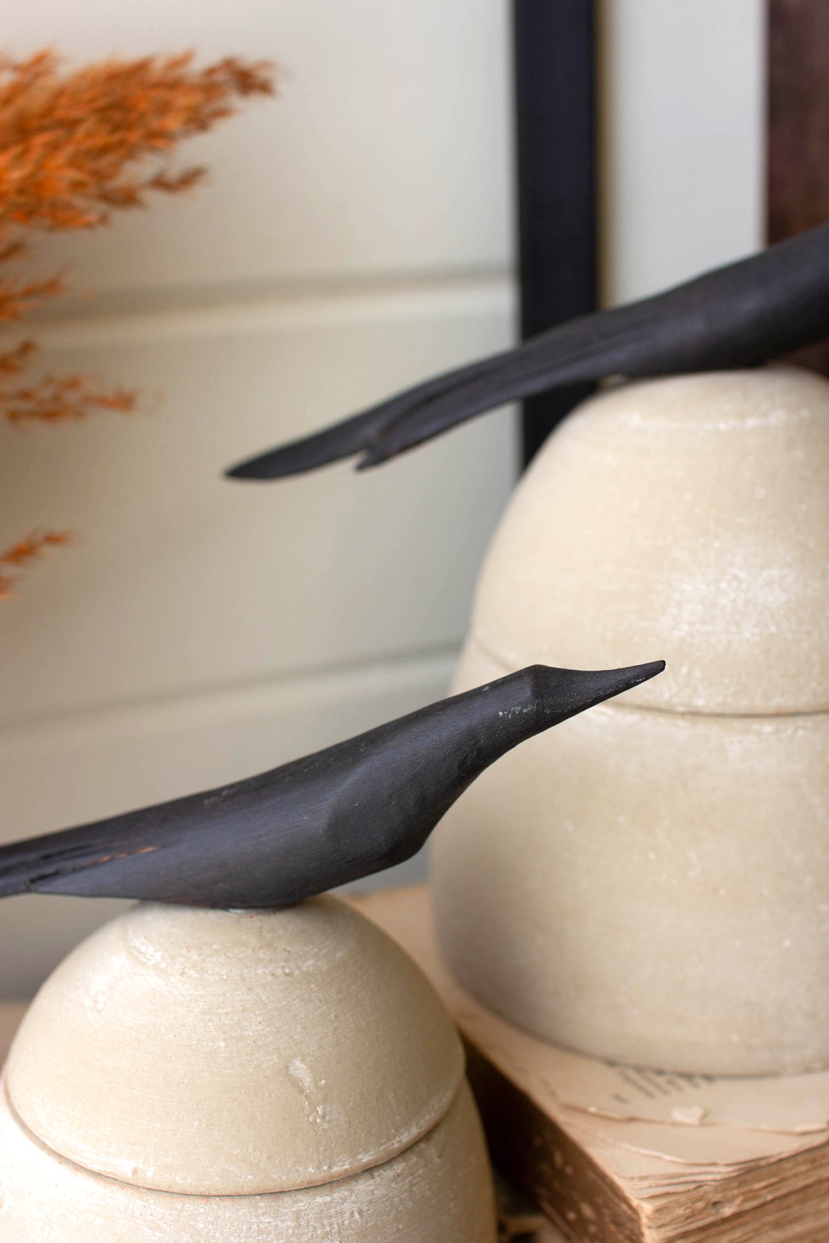 Set of Two Clay Canisters with Wooden Bird Handles