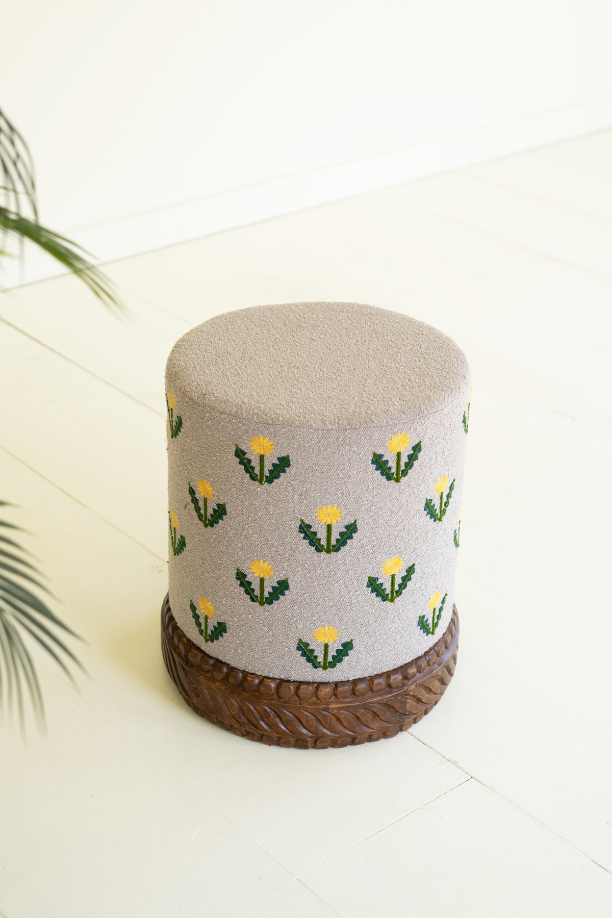 Upholstered Ottoman with Carved Wood Base - Grey