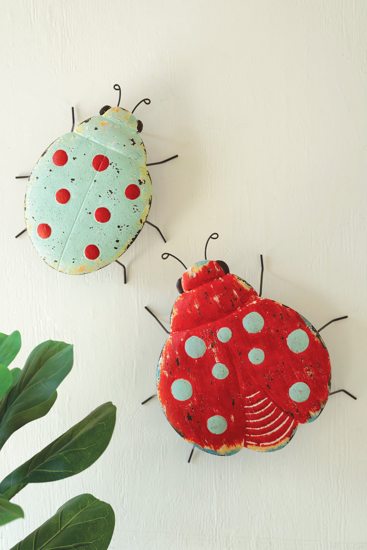 Set of Two Painted Metal Lady Bug Wall Art